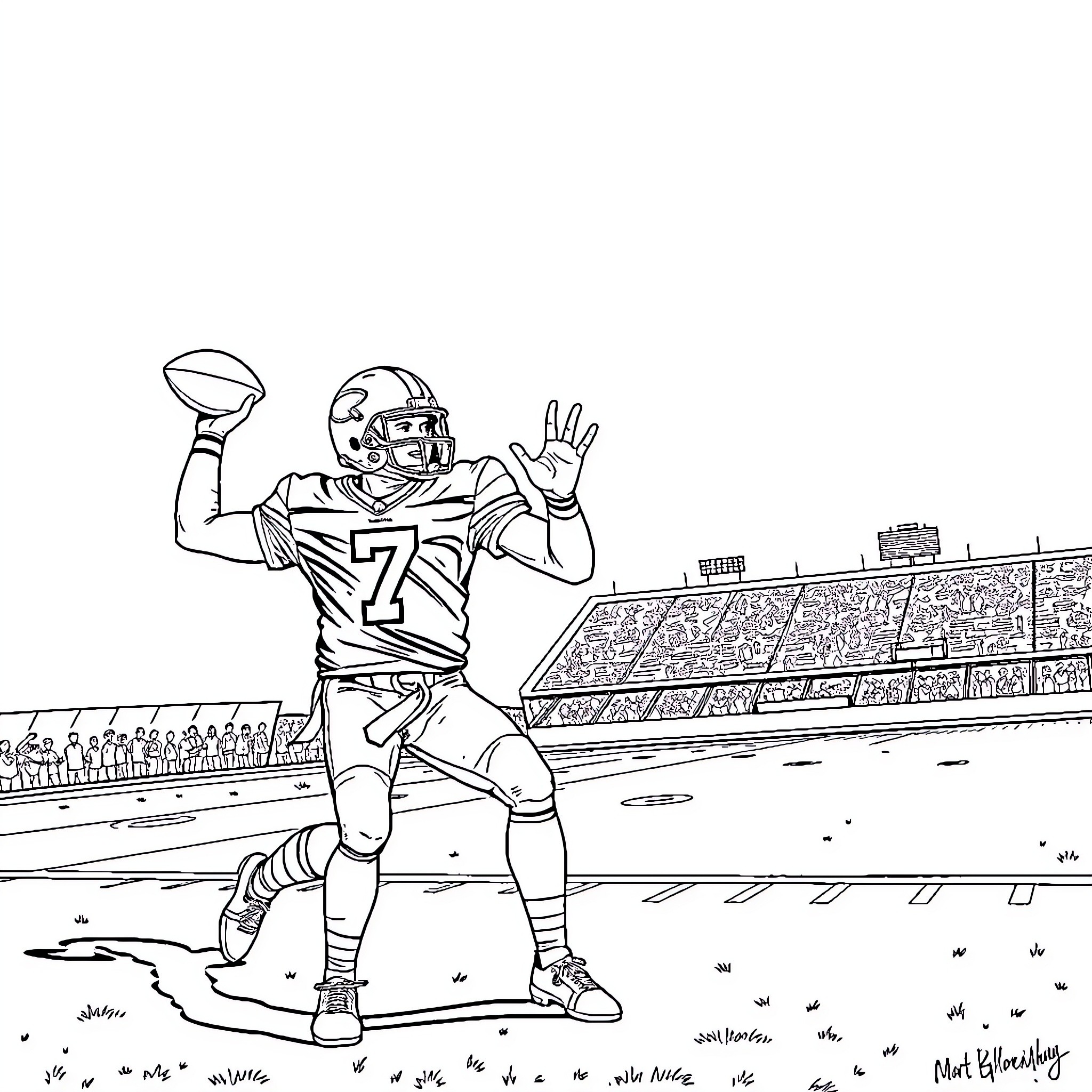 Quarterback throwing pass on football field Coloring Page (free black-and-white line drawing printable PDF for all, from beginners to advanced learners, including children, teens, adults, and seniors)
