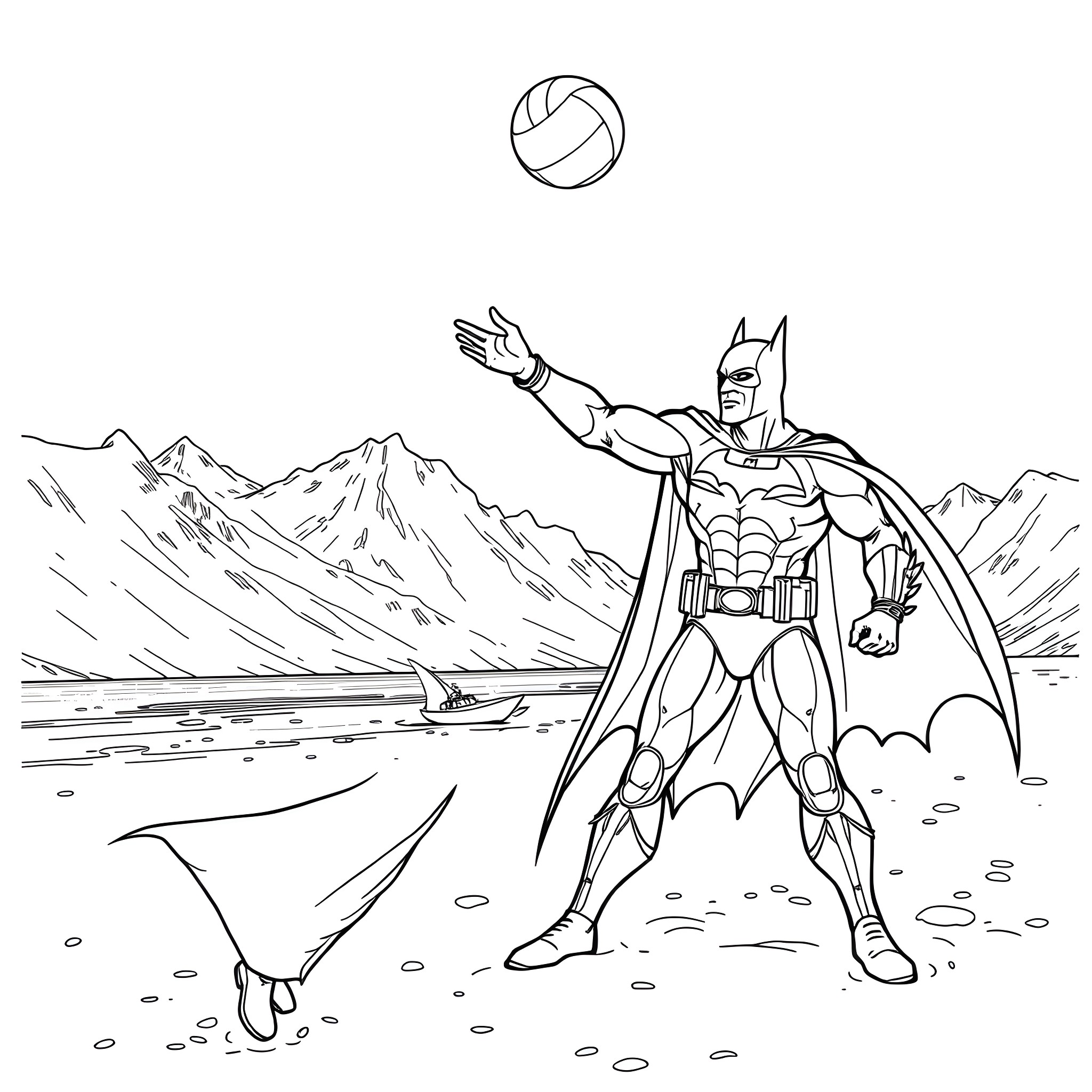 Adam Hughes Batman Playing Volleyball in Snowy Mountains Coloring Page (free black-and-white line drawing printable PDF for all, from beginners to advanced learners, including children, teens, adults, and seniors)