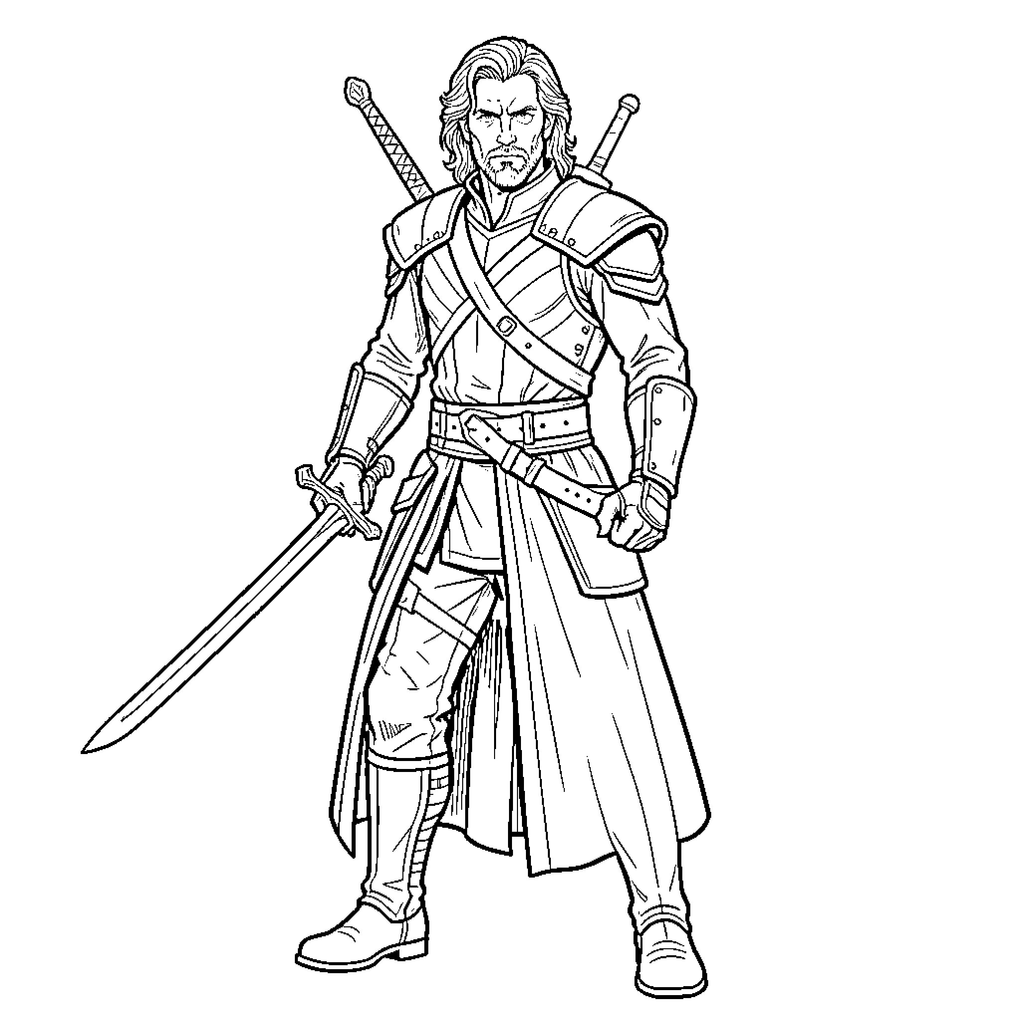Conner MacLeod standing ready with dual swords Coloring Page (free black-and-white line drawing printable PDF for all, from beginners to advanced learners, including children, teens, adults, and seniors)