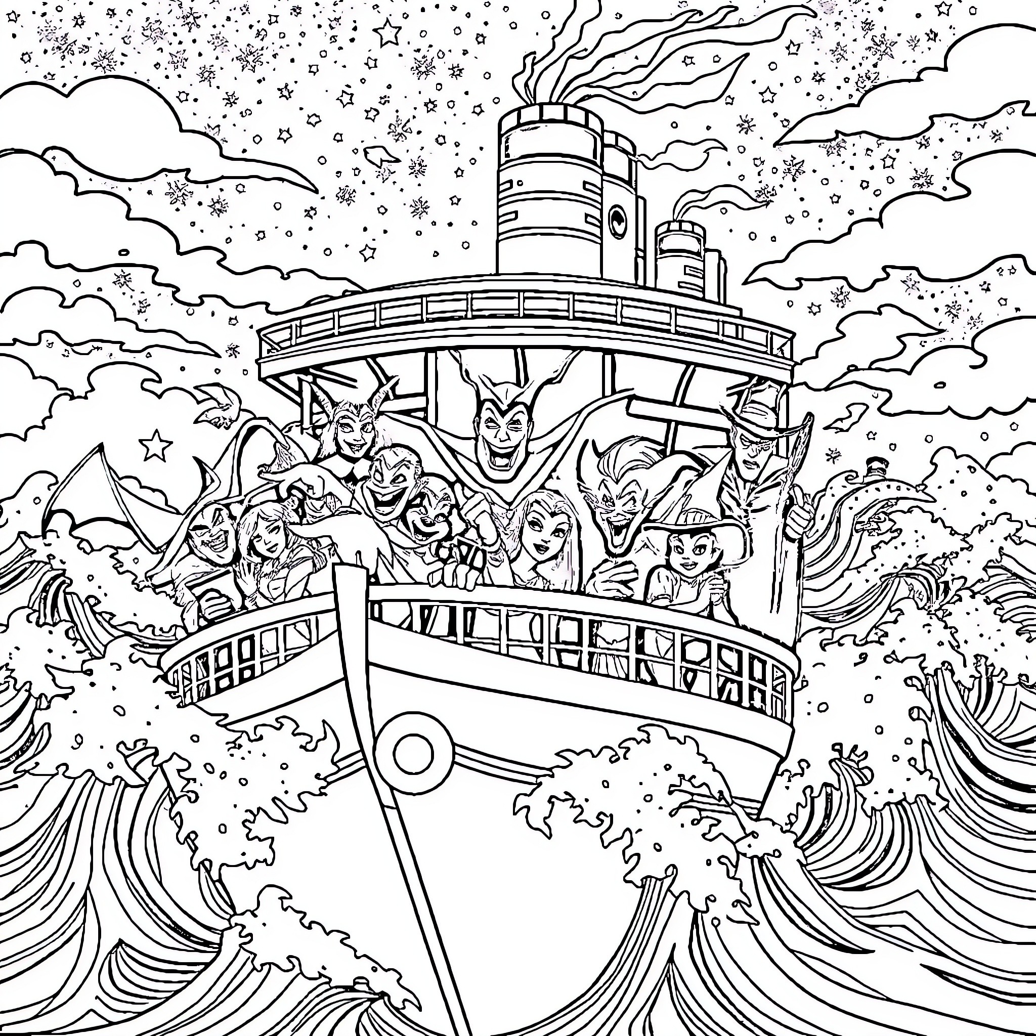Disney Villains on a Stormy Voyage Coloring Page (free black-and-white line drawing printable PDF for all, from beginners to advanced learners, including children, teens, adults, and seniors)