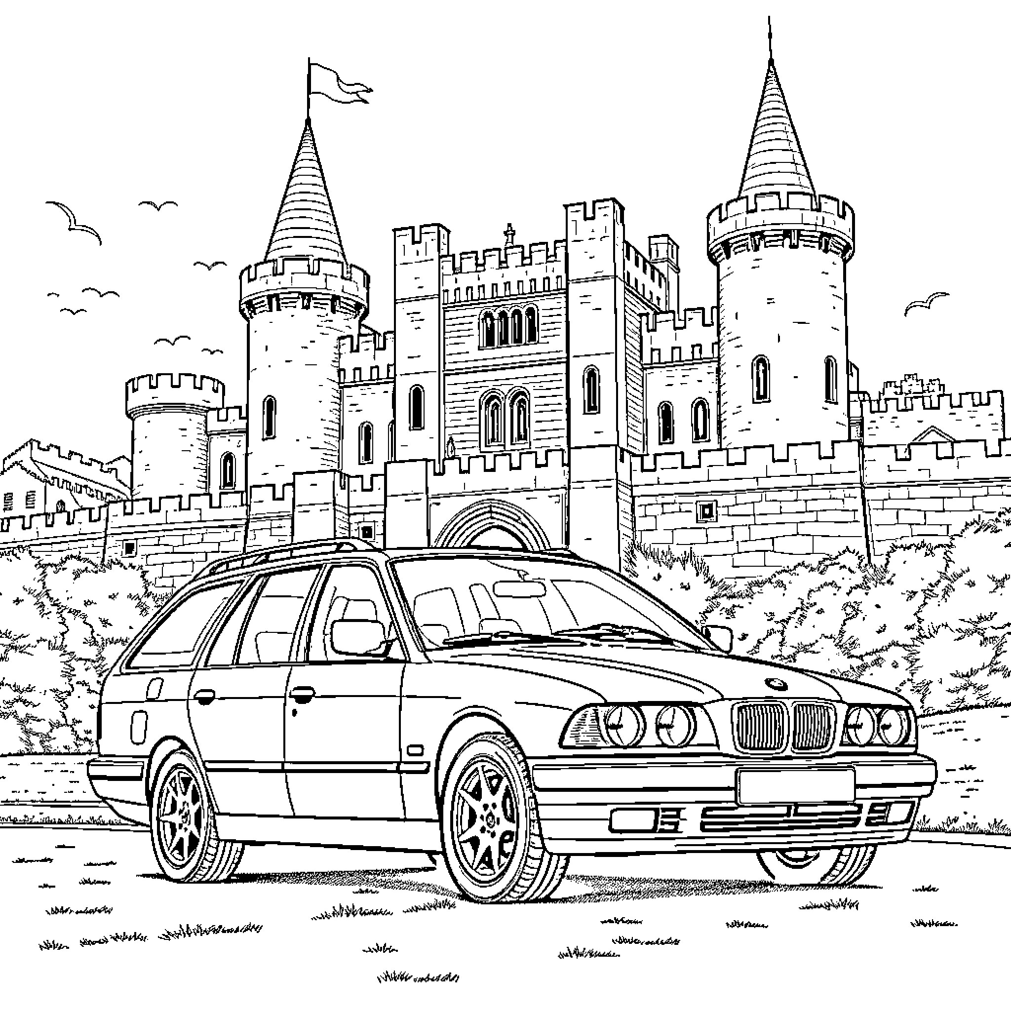 BMW Wagon Parked in Front of Medieval Castle Coloring Page (free black-and-white line drawing printable PDF for all, from beginners to advanced learners, including children, teens, adults, and seniors)