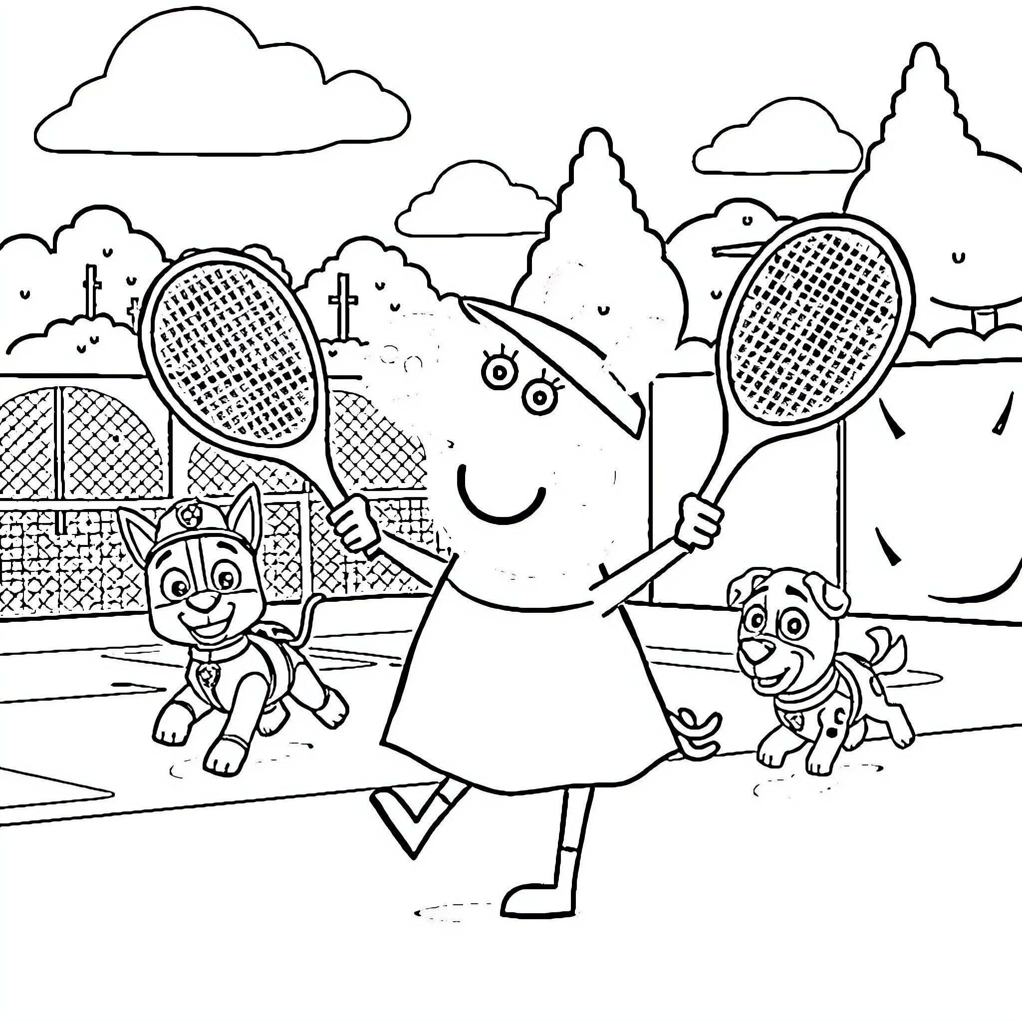 Peppa Pig playing tennis with pets in the park Coloring Page (free black-and-white line drawing printable PDF for all, from beginners to advanced learners, including children, teens, adults, and seniors)