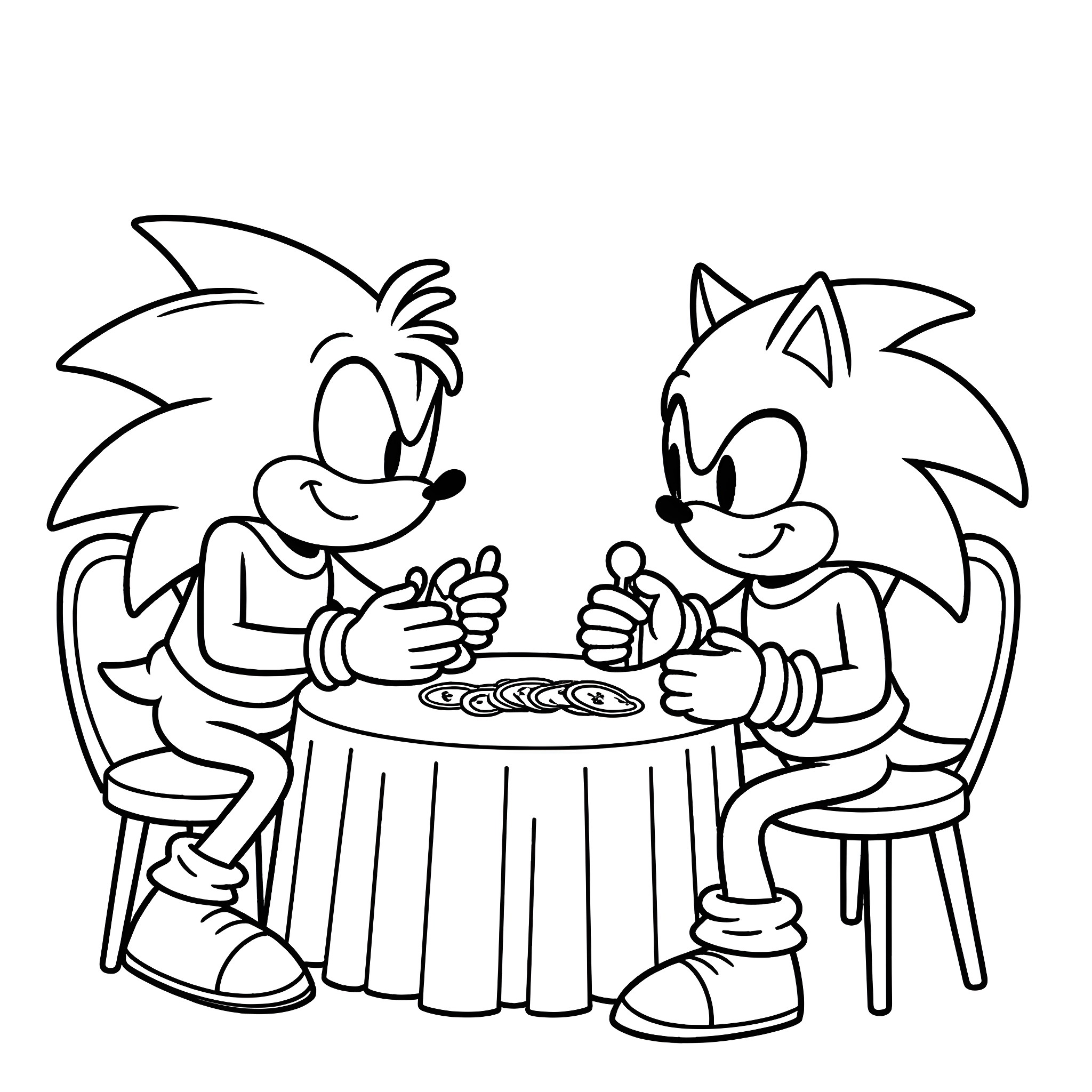 Sonic characters enjoying a meal together Coloring Page (free black-and-white line drawing printable PDF for all, from beginners to advanced learners, including children, teens, adults, and seniors)