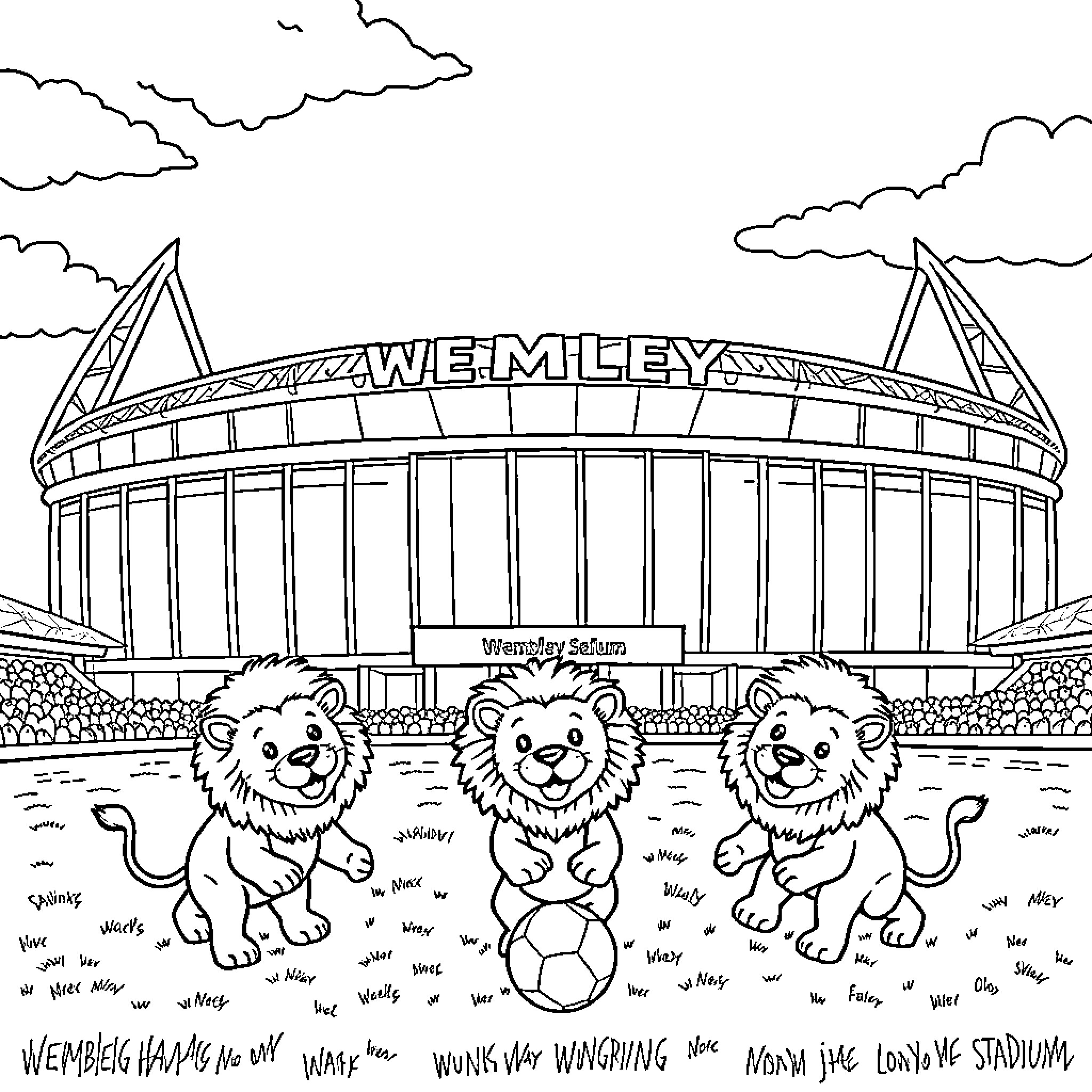 Lions playing in front of Wembley Stadium Coloring Page (free black-and-white line drawing printable PDF for all, from beginners to advanced learners, including children, teens, adults, and seniors)