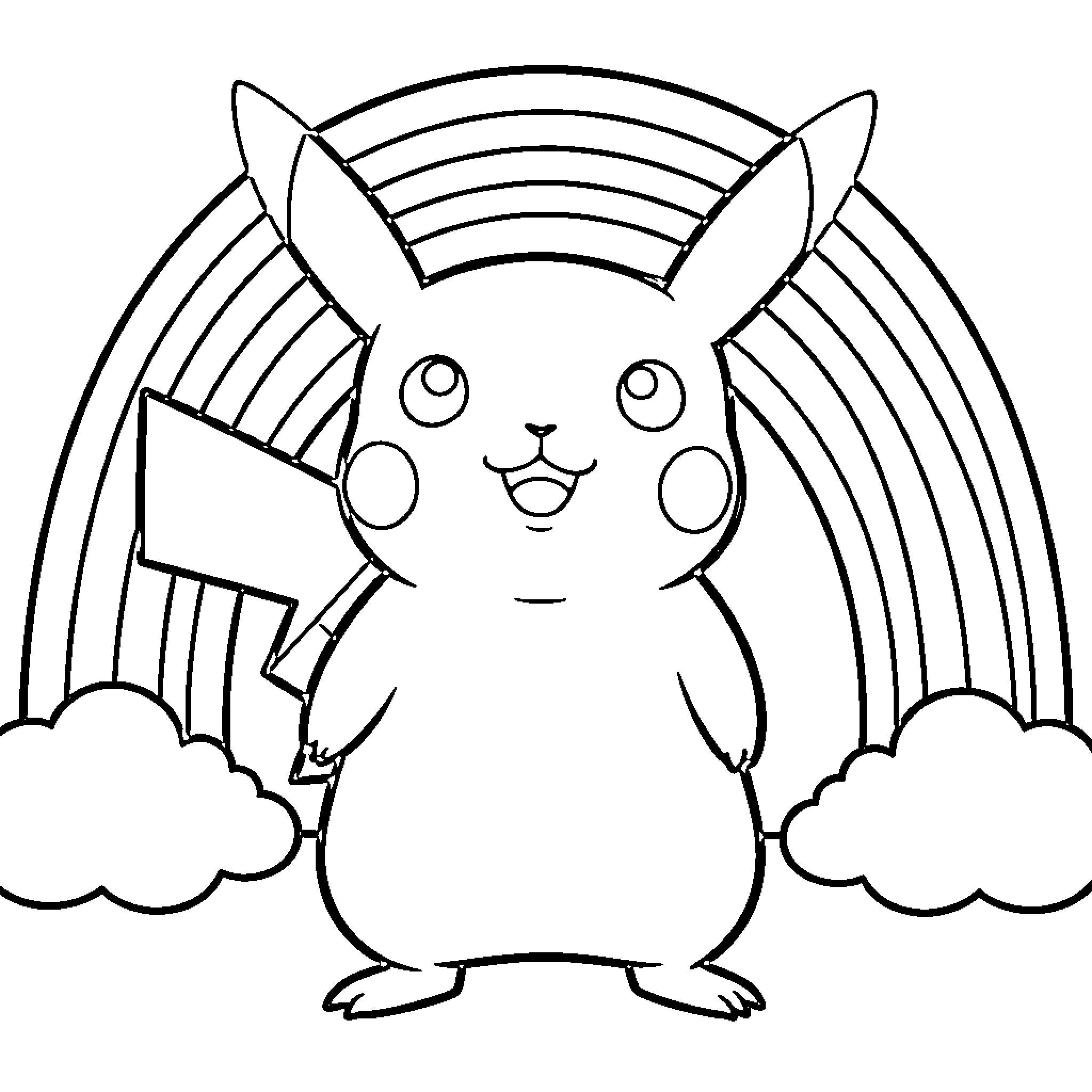 Pikachu waving happily with rainbow background Coloring Page (free black-and-white line drawing printable PDF for all, from beginners to advanced learners, including children, teens, adults, and seniors)