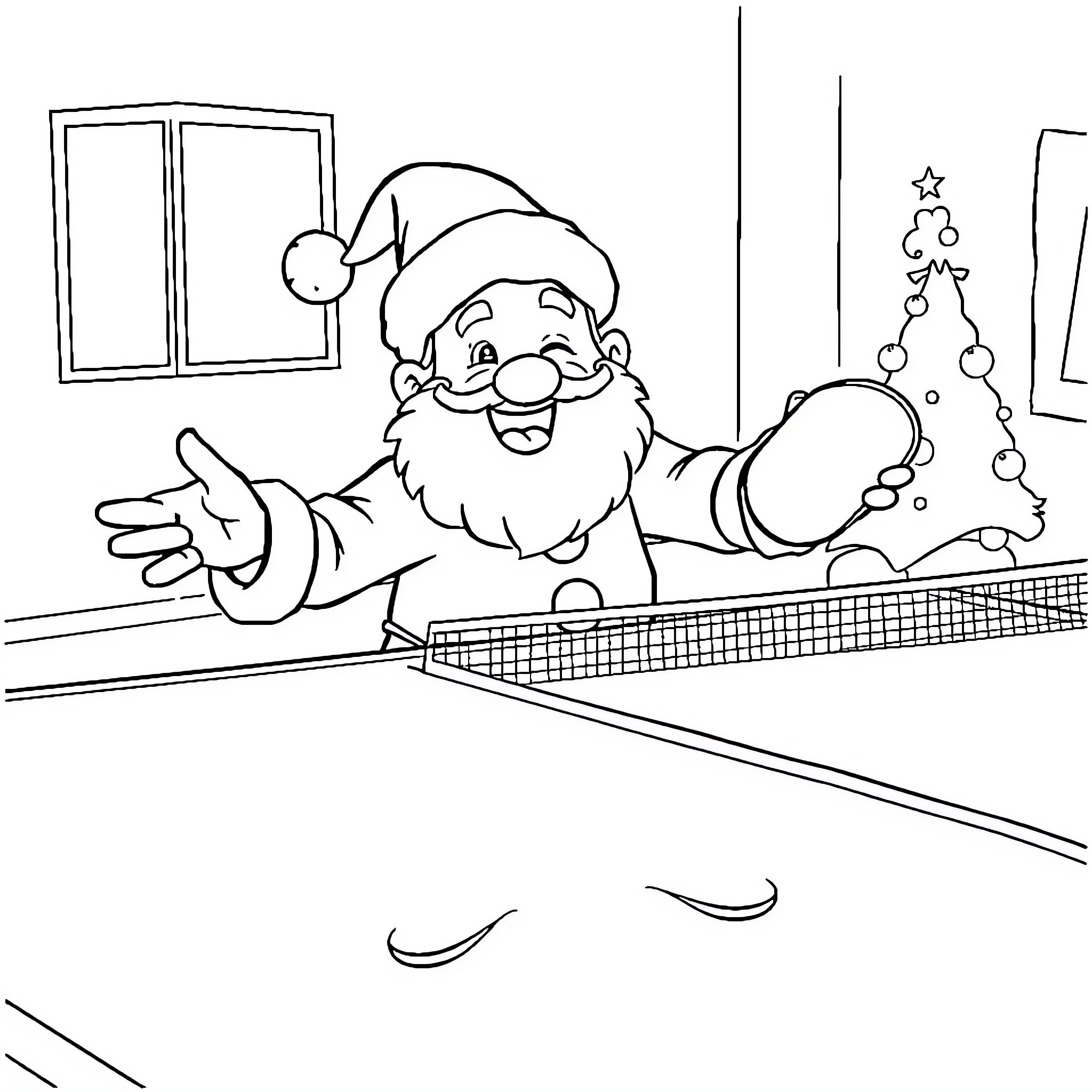 Ping Pong Player Engaged in Festive Game Coloring Page (free black-and-white line drawing printable PDF for all, from beginners to advanced learners, including children, teens, adults, and seniors)