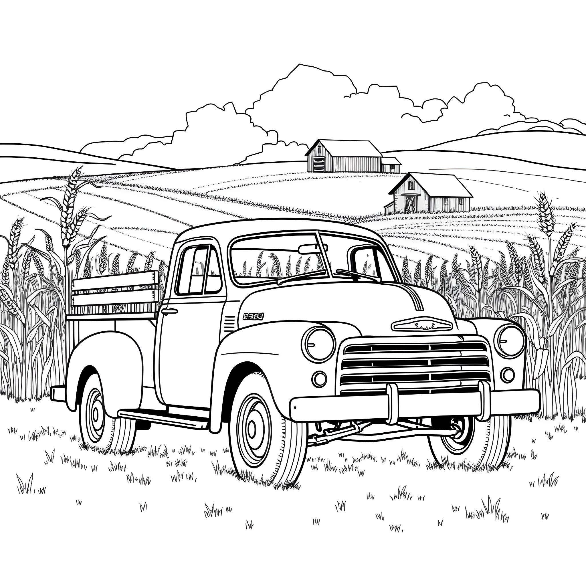 Grain Pickup Truck in Rural Farm Landscape Coloring Page (free black-and-white line drawing printable PDF for all, from beginners to advanced learners, including children, teens, adults, and seniors)