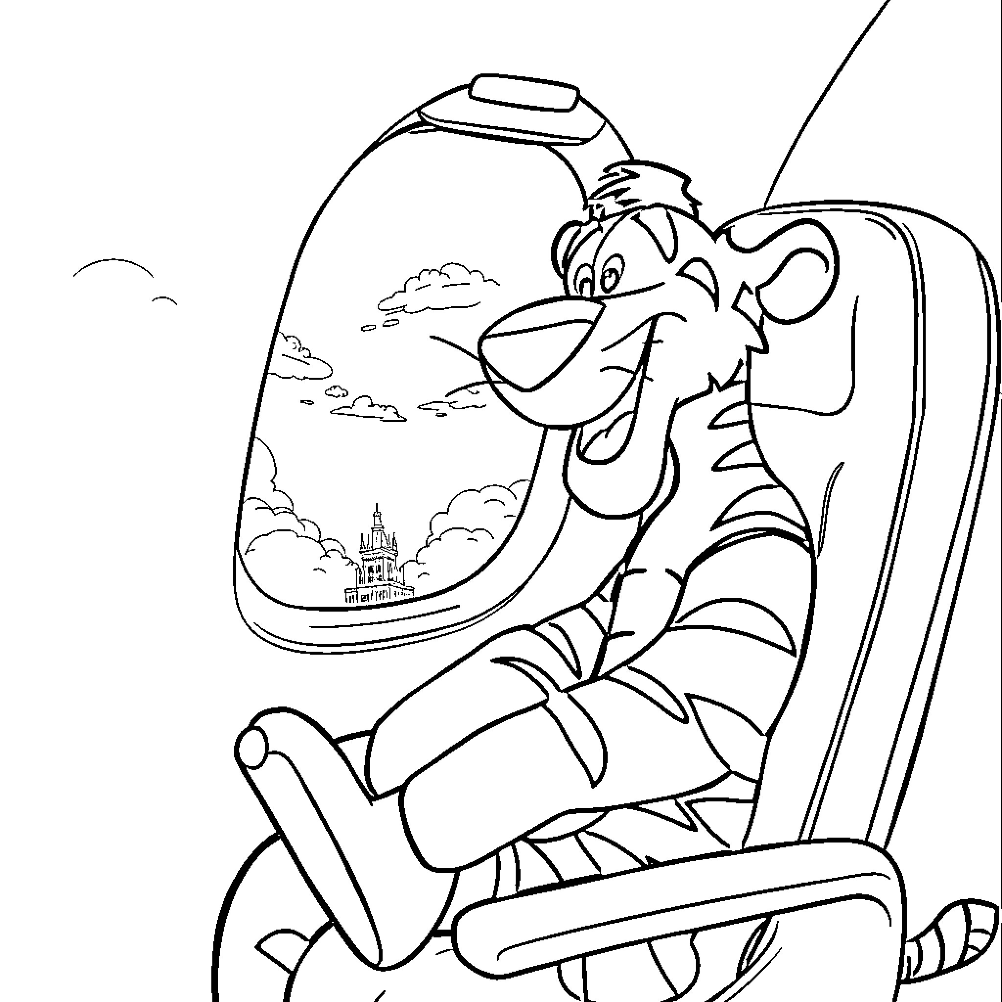 Tigger enjoying a magical ride through the clouds Coloring Page (free black-and-white line drawing printable PDF for all, from beginners to advanced learners, including children, teens, adults, and seniors)