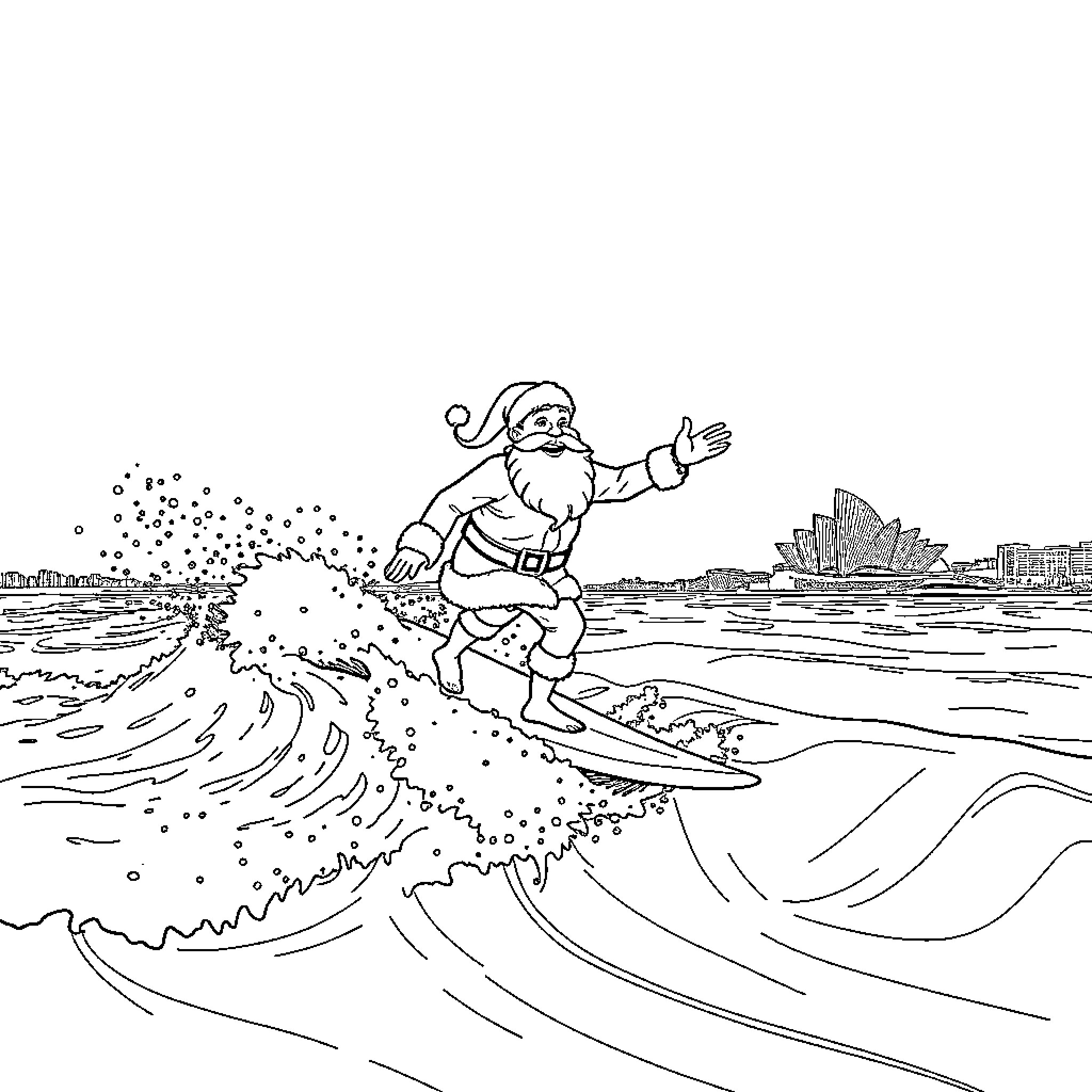 Santa surfing the waves in Sydney Coloring Page (free black-and-white line drawing printable PDF for all, from beginners to advanced learners, including children, teens, adults, and seniors)