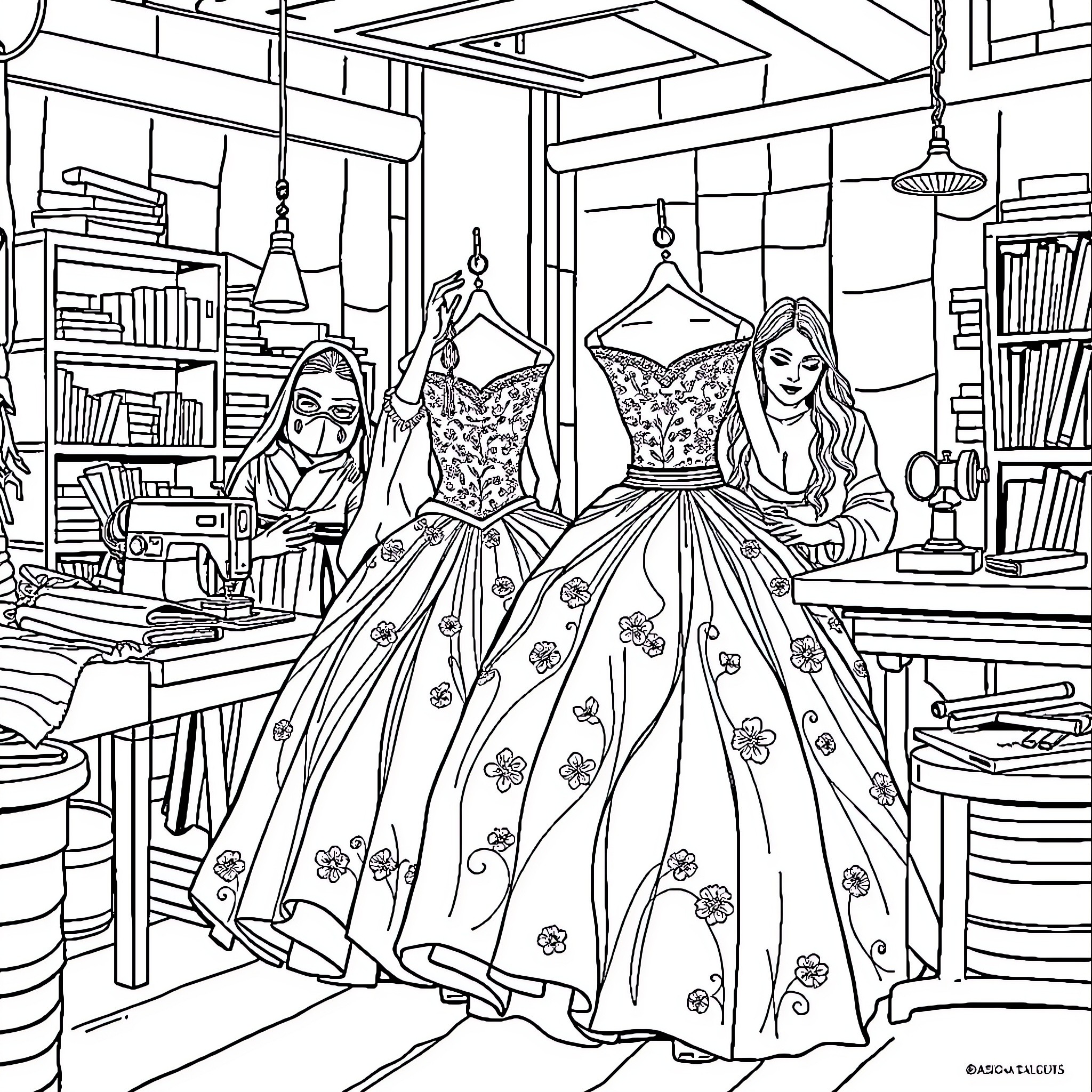 Jedi Prepare for Grand Ball in Regal Attire Coloring Page (free black-and-white line drawing printable PDF for all, from beginners to advanced learners, including children, teens, adults, and seniors)
