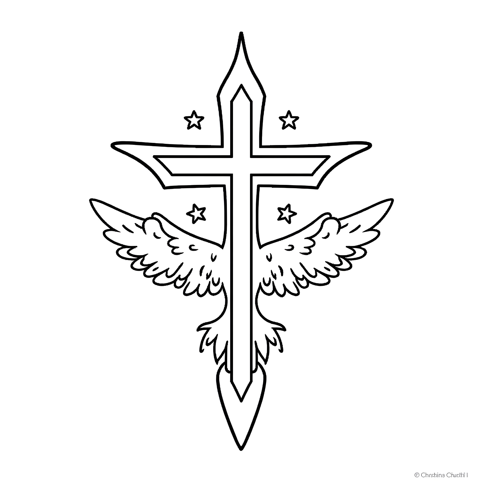 Church Cross with Angelic Wings and Stars Coloring Page (free black-and-white line drawing printable PDF for all, from beginners to advanced learners, including children, teens, adults, and seniors)