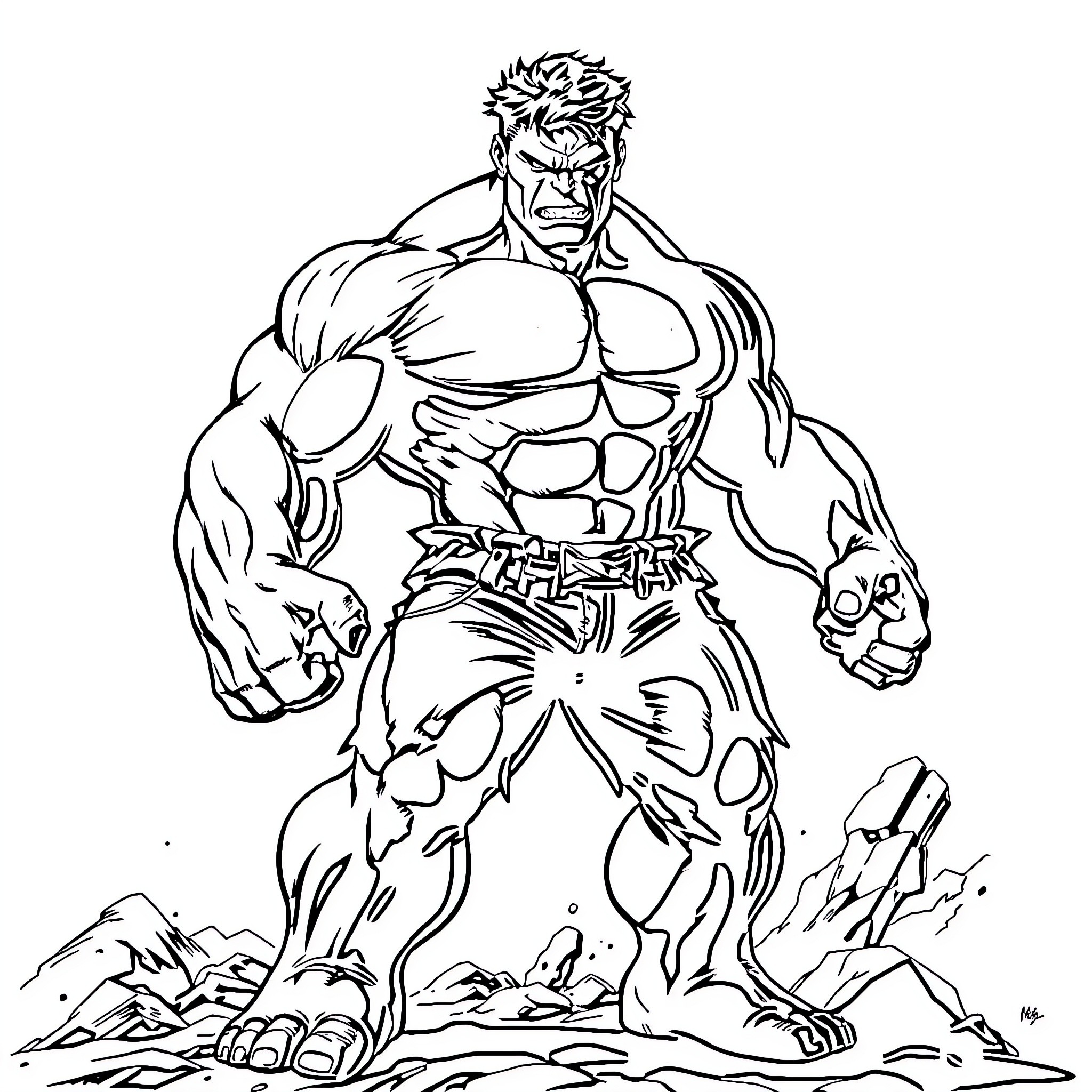 Hulk Smashing Through Rubble with Fierce Expression Coloring Page (free black-and-white line drawing printable PDF for all, from beginners to advanced learners, including children, teens, adults, and seniors)