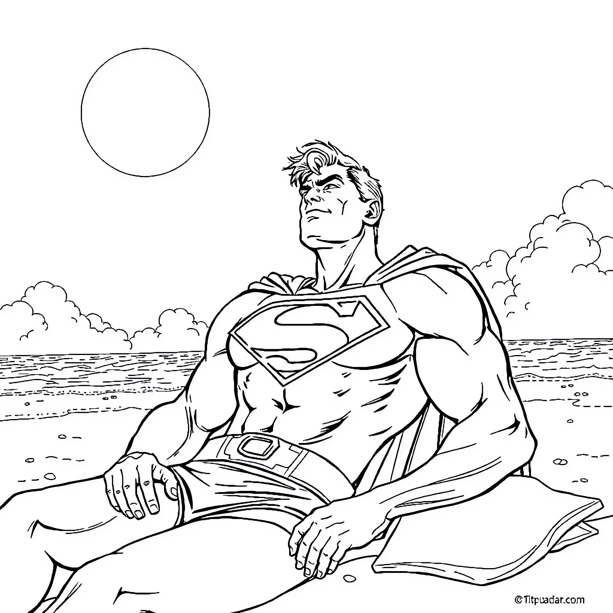 Superman resting on the shore Coloring Page (free black-and-white line drawing printable PDF for all, from beginners to advanced learners, including children, teens, adults, and seniors)