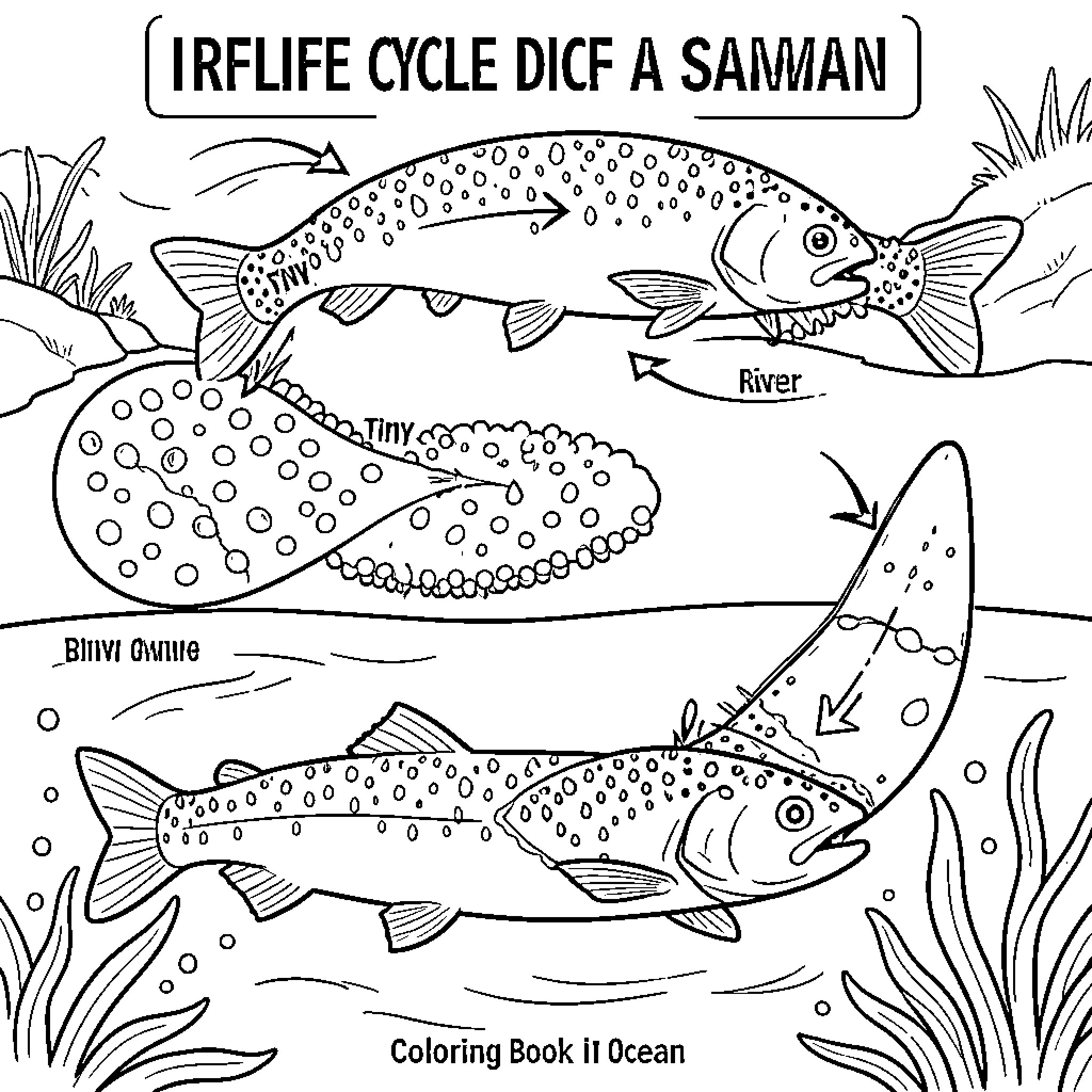 Salmon life cycle depicted in a coloring book Coloring Page (free black-and-white line drawing printable PDF for all, from beginners to advanced learners, including children, teens, adults, and seniors)