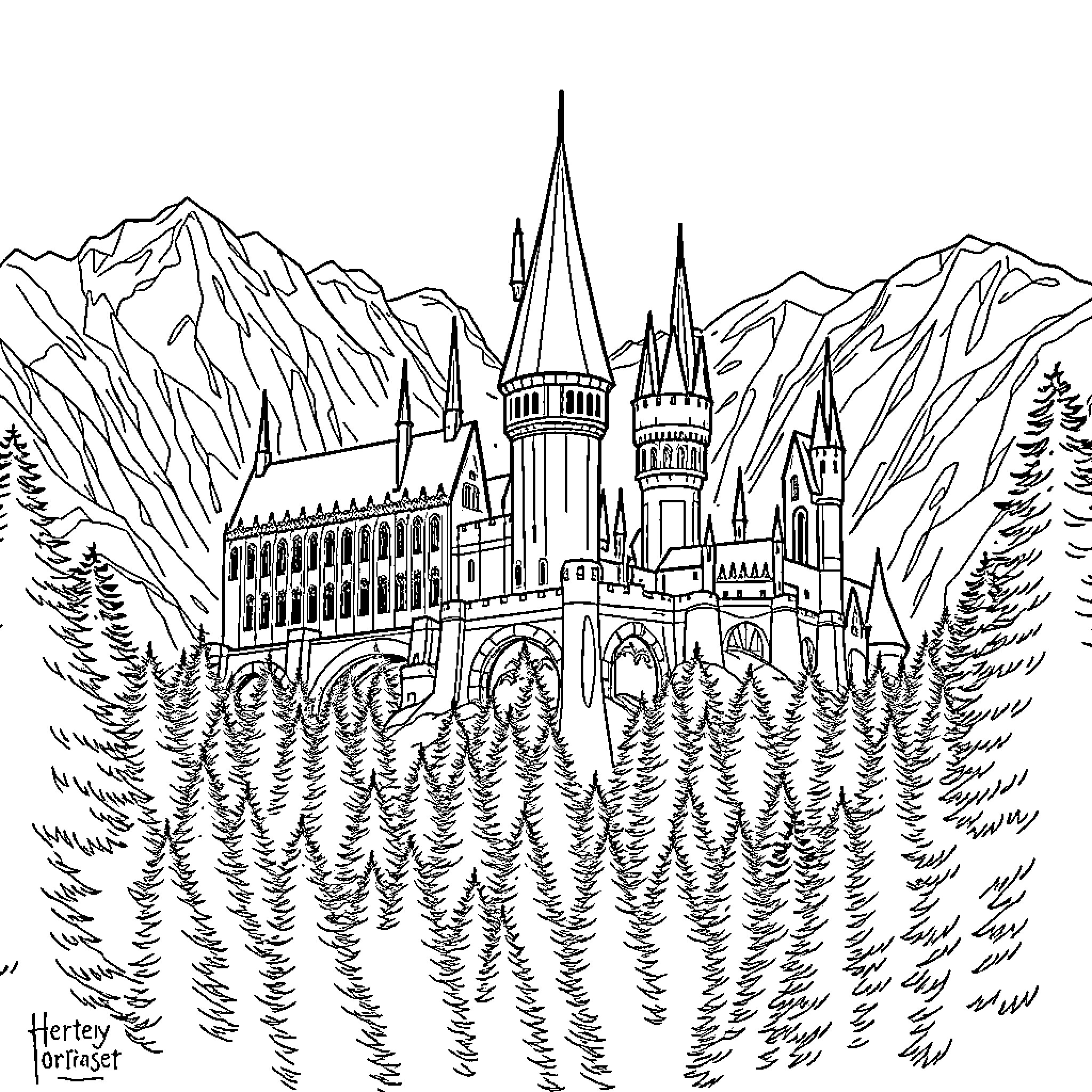 Hogwarts Castle Amidst Majestic Mountains and Forests Coloring Page (free black-and-white line drawing printable PDF for all, from beginners to advanced learners, including children, teens, adults, and seniors)
