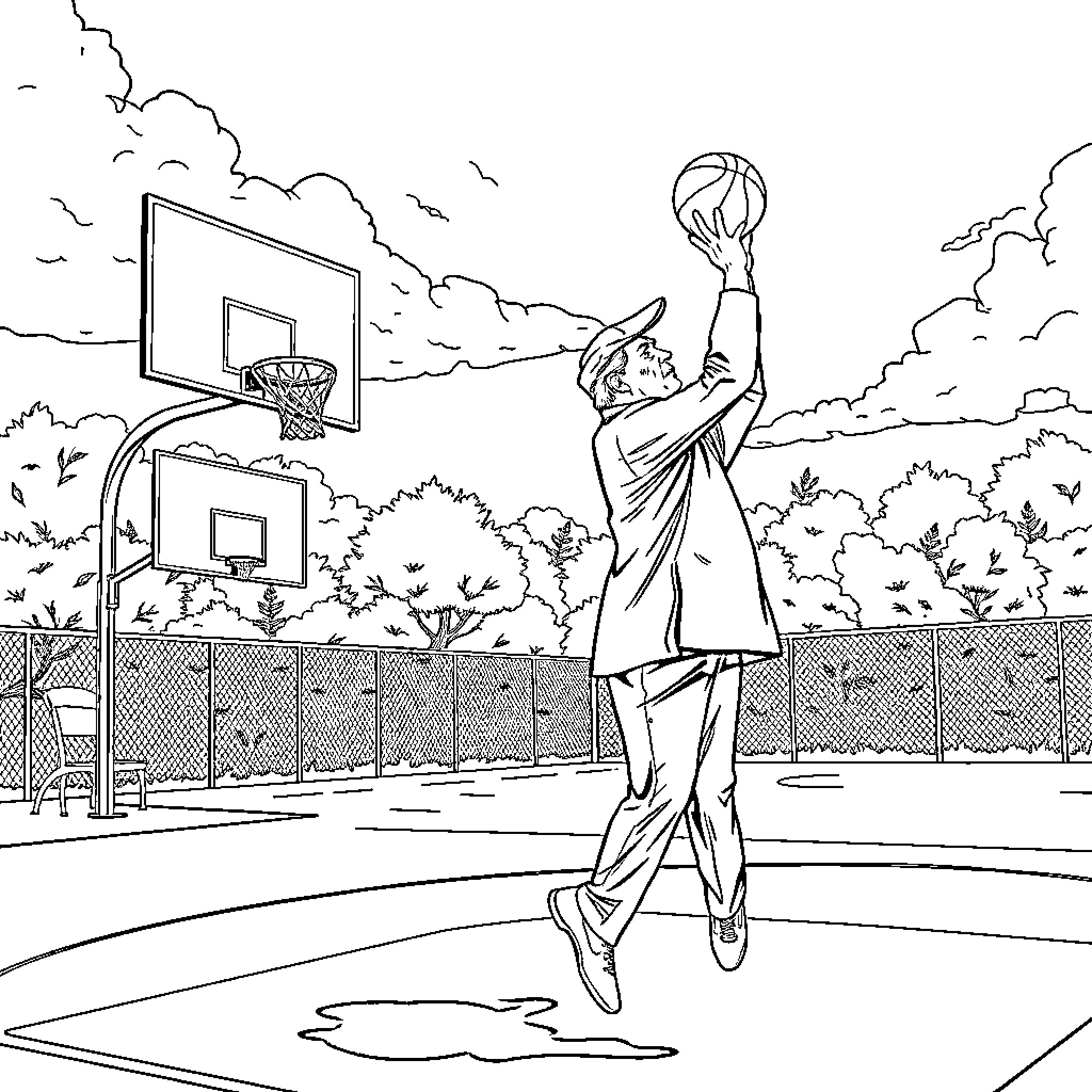 Trump shoots hoops on the basketball court Coloring Page (free black-and-white line drawing printable PDF for all, from beginners to advanced learners, including children, teens, adults, and seniors)