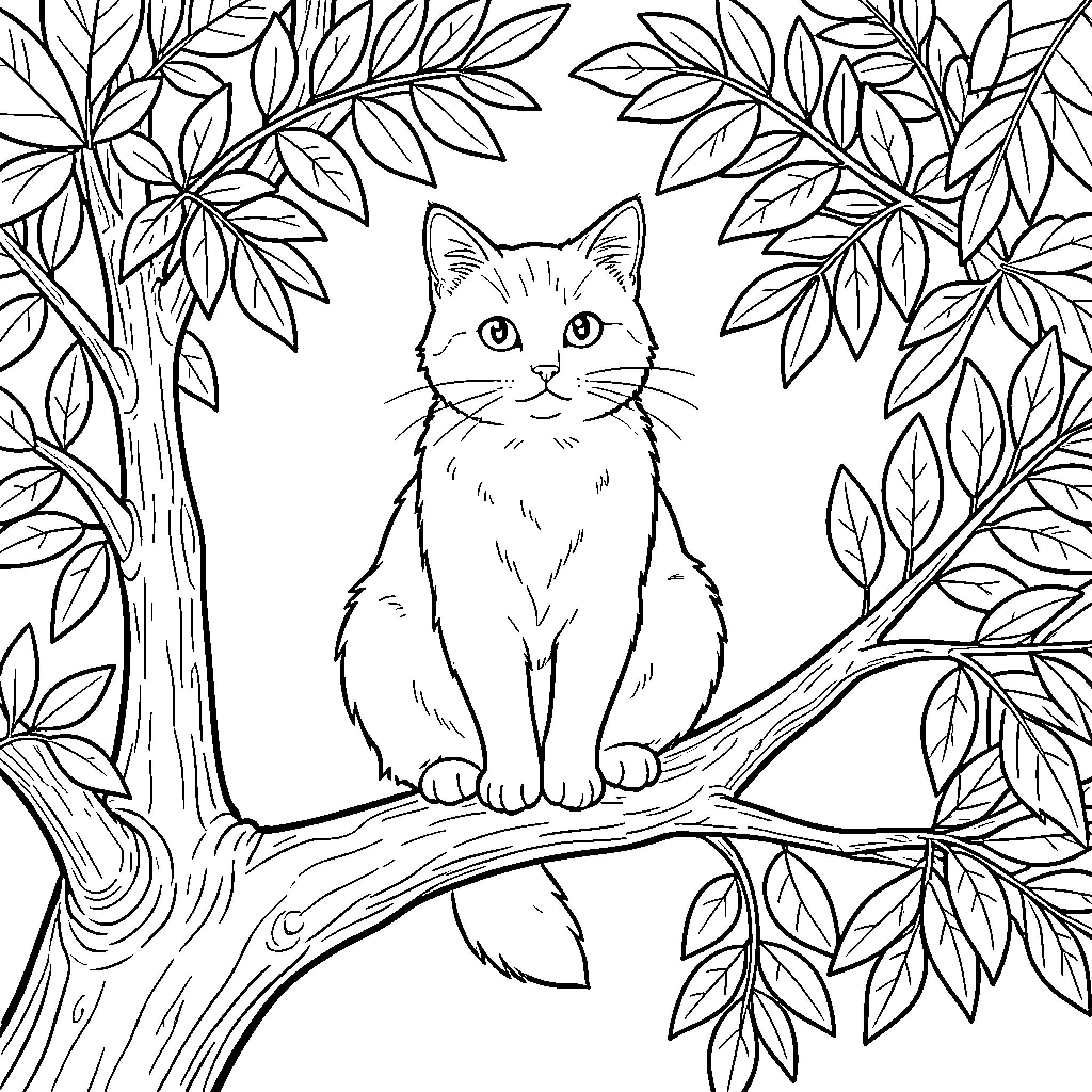 Cat in the Foliage Coloring Page (free black-and-white line drawing printable PDF for all, from beginners to advanced learners, including children, teens, adults, and seniors)
