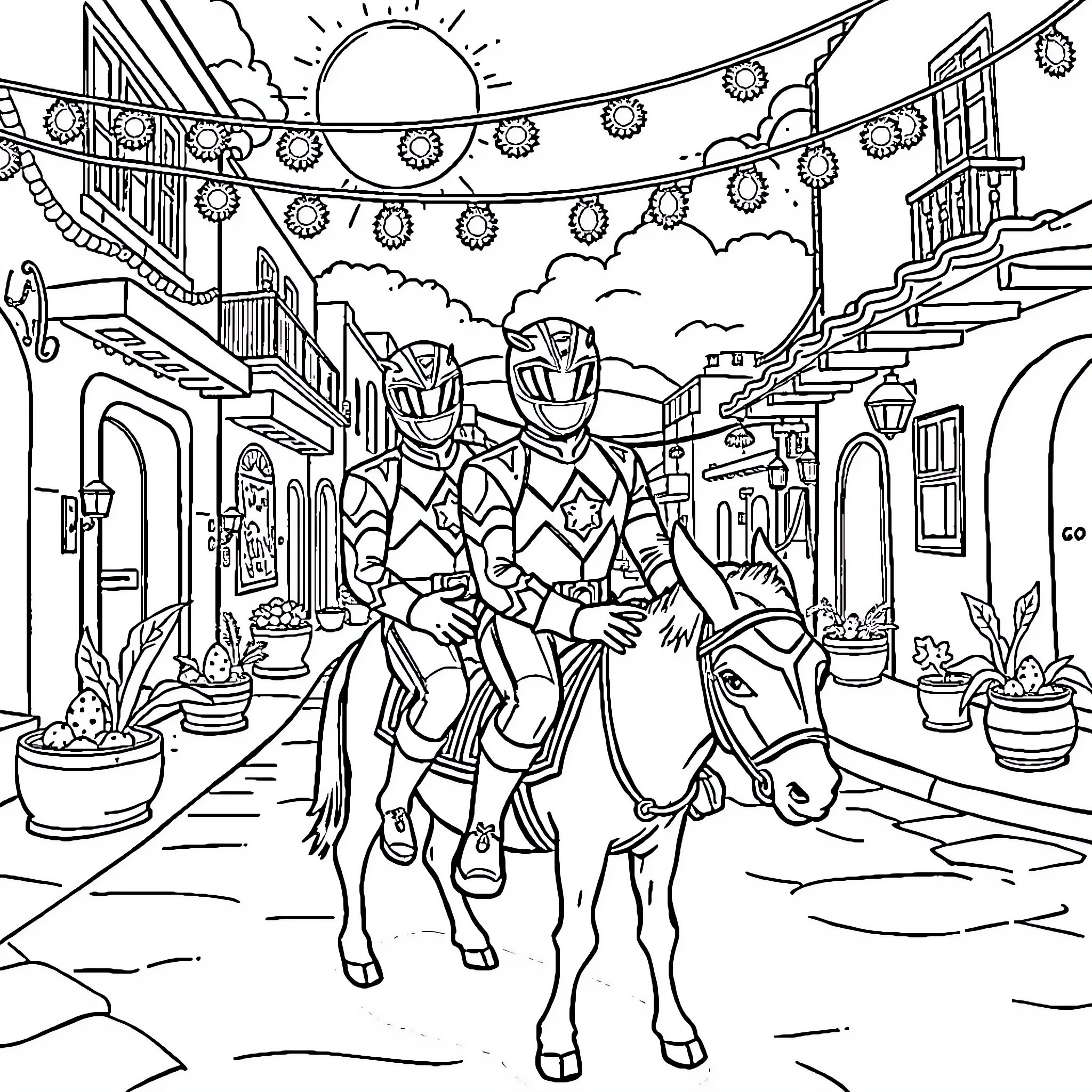 Power Rangers On Horseback In Festive Town Coloring Page (free black-and-white line drawing printable PDF for all, from beginners to advanced learners, including children, teens, adults, and seniors)