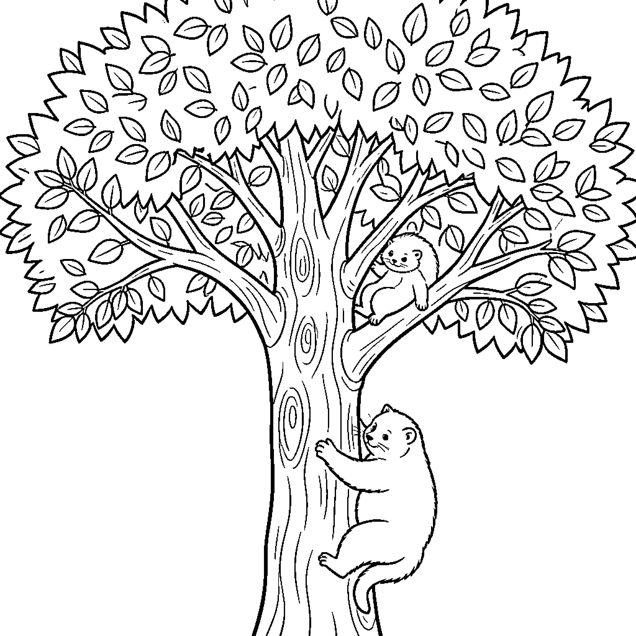 Perezozo sloth climbing tree with leaves Coloring Page (free black-and-white line drawing printable PDF for all, from beginners to advanced learners, including children, teens, adults, and seniors)