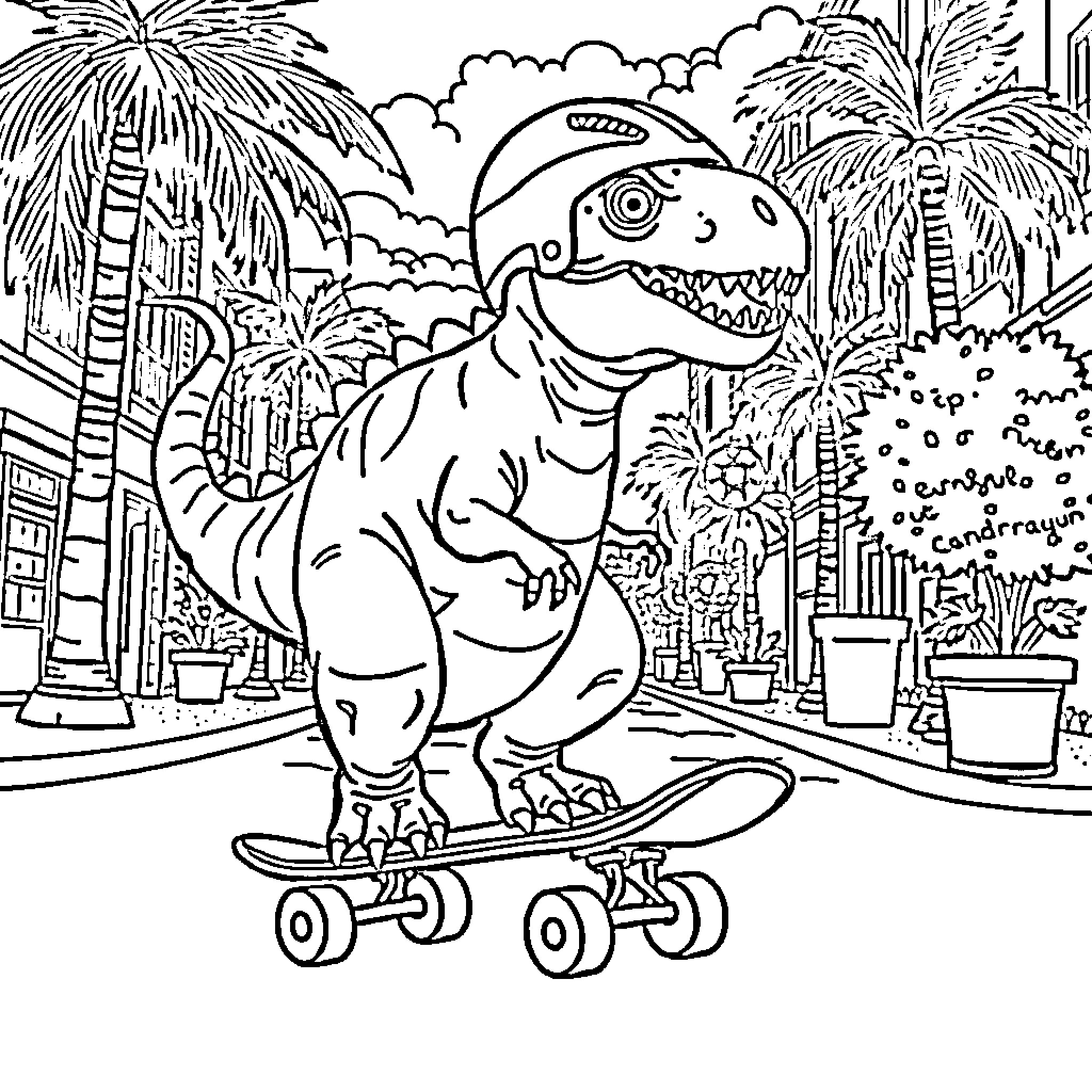 Dinosaur riding a skateboard in a tropical scene Coloring Page (free black-and-white line drawing printable PDF for all, from beginners to advanced learners, including children, teens, adults, and seniors)