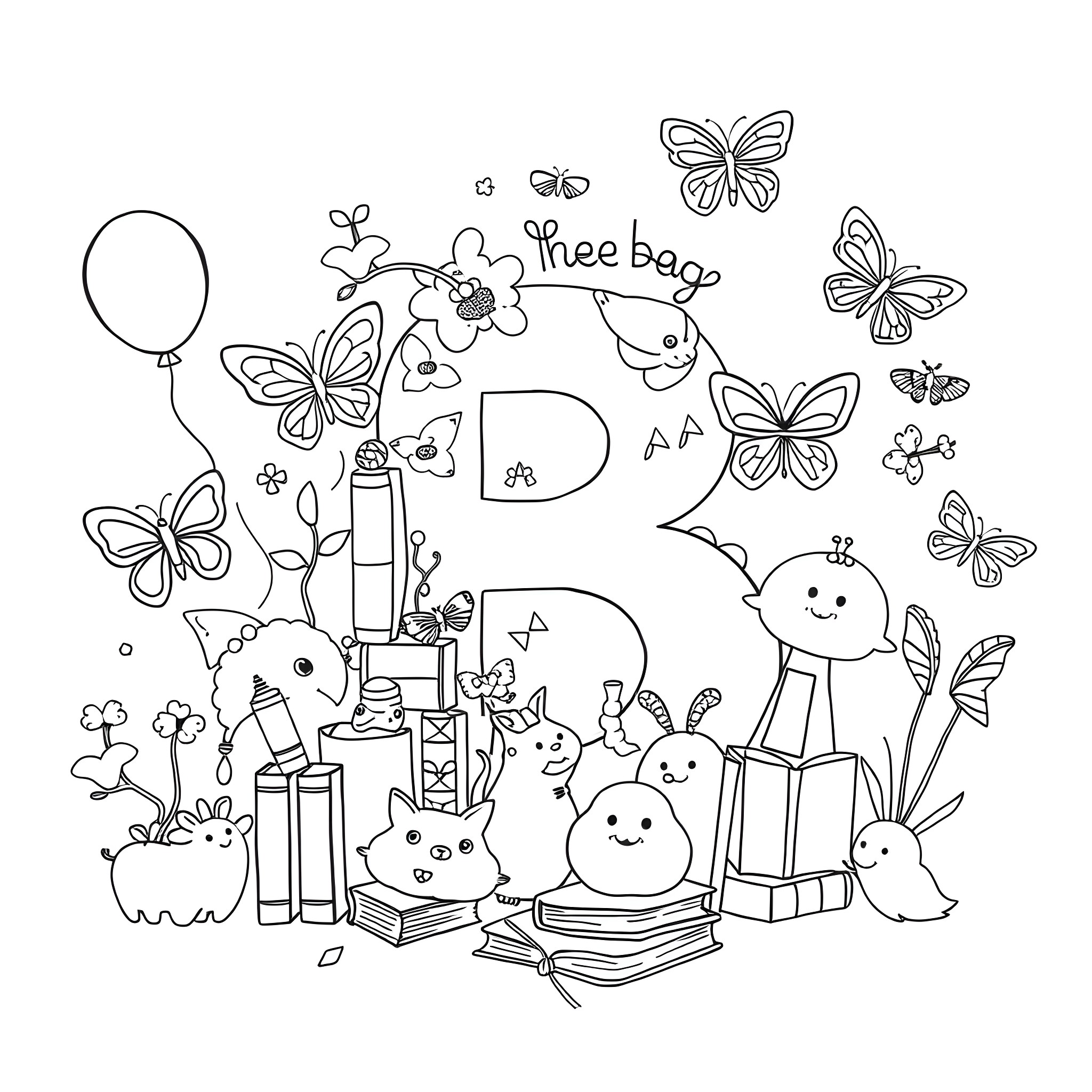 Bouncing Bunnies and Blooming Butterflies Coloring Page (free black-and-white line drawing printable PDF for all, from beginners to advanced learners, including children, teens, adults, and seniors)