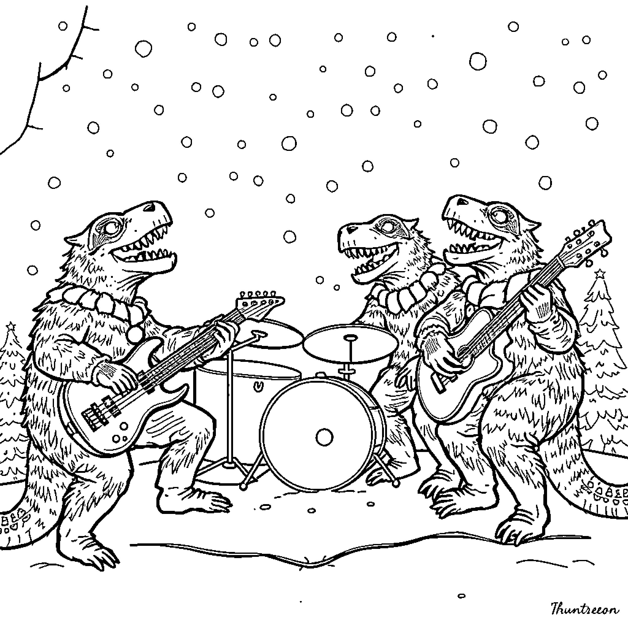 Band of Dinosaurs Playing Musical Instruments in the Snow Coloring Page (free black-and-white line drawing printable PDF for all, from beginners to advanced learners, including children, teens, adults, and seniors)