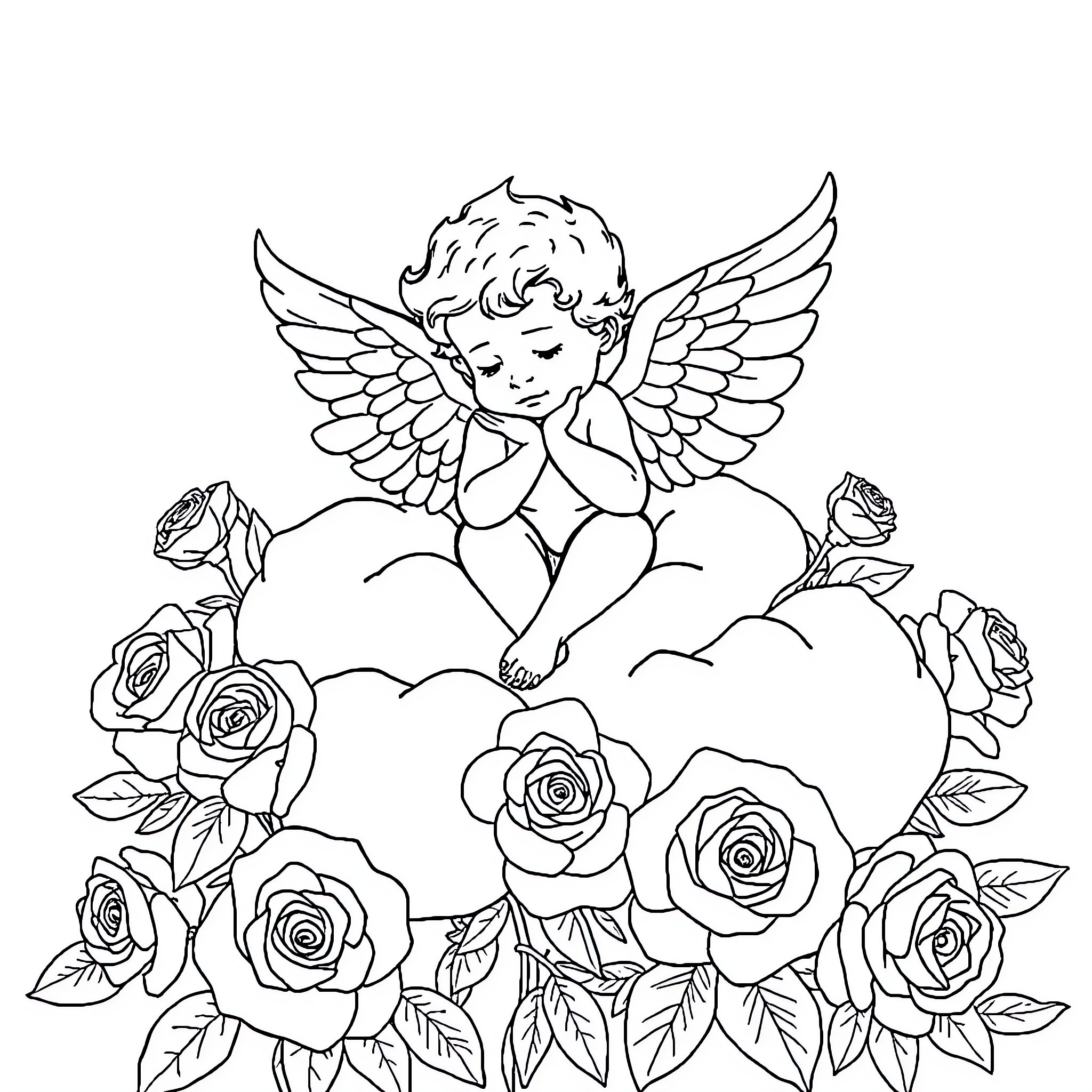 Cherub Resting Amidst Blooming Roses Coloring Page (free black-and-white line drawing printable PDF for all, from beginners to advanced learners, including children, teens, adults, and seniors)