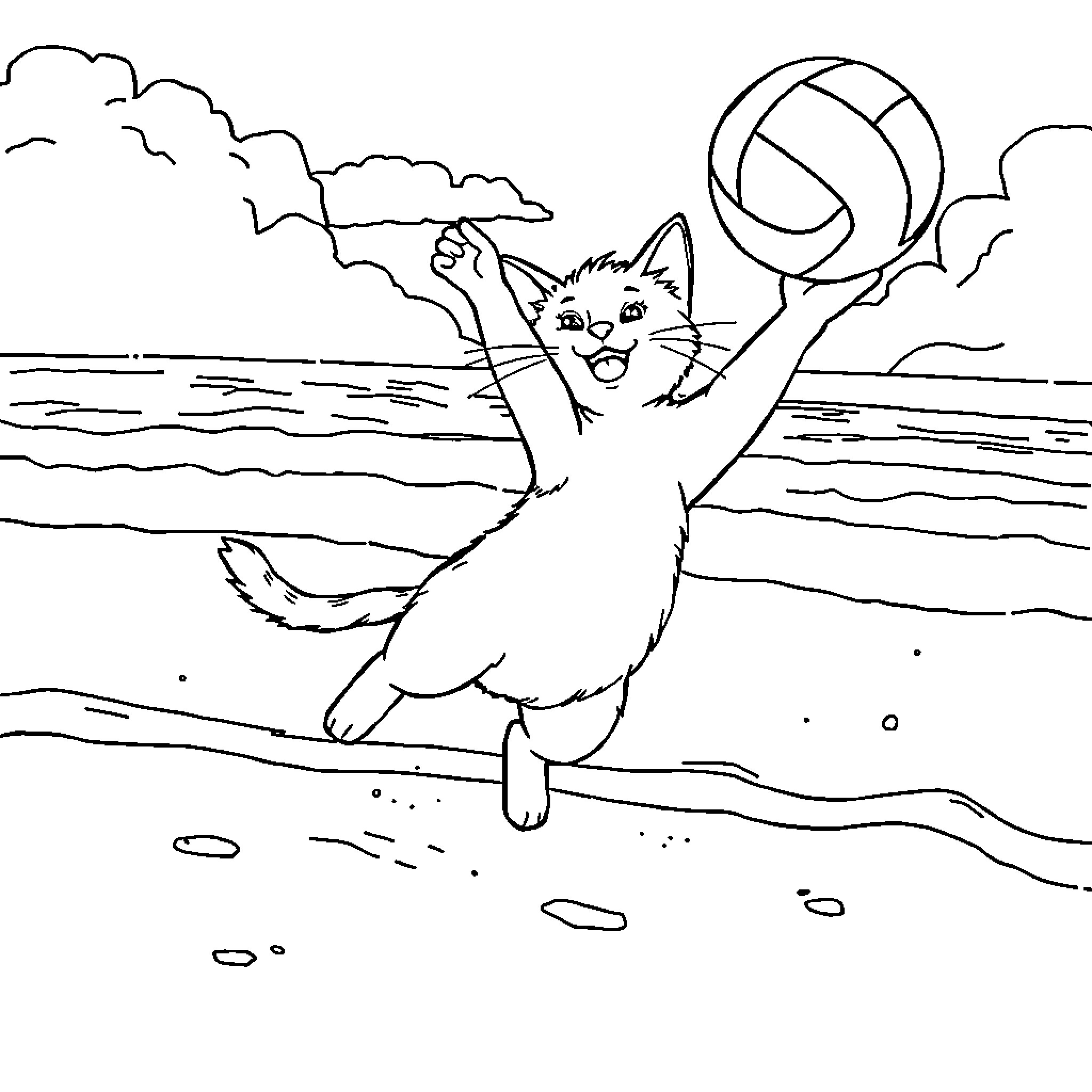 Cat playing with beach volleyball Coloring Page (free black-and-white line drawing printable PDF for all, from beginners to advanced learners, including children, teens, adults, and seniors)