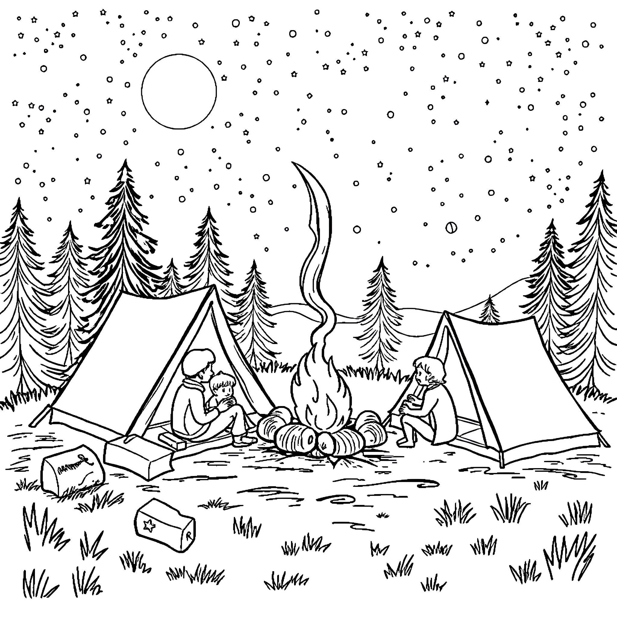 Camping under the starry night sky Coloring Page (free black-and-white line drawing printable PDF for all, from beginners to advanced learners, including children, teens, adults, and seniors)
