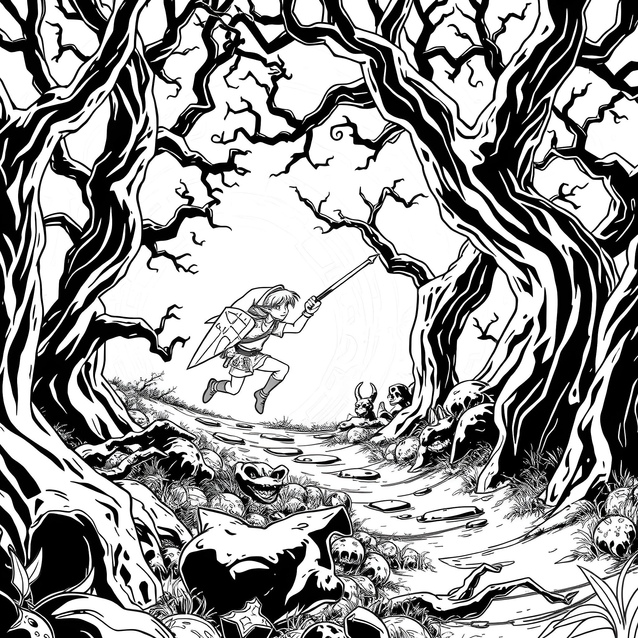 Link traversing a dark, twisted forest Coloring Page (free black-and-white line drawing printable PDF for all, from beginners to advanced learners, including children, teens, adults, and seniors)