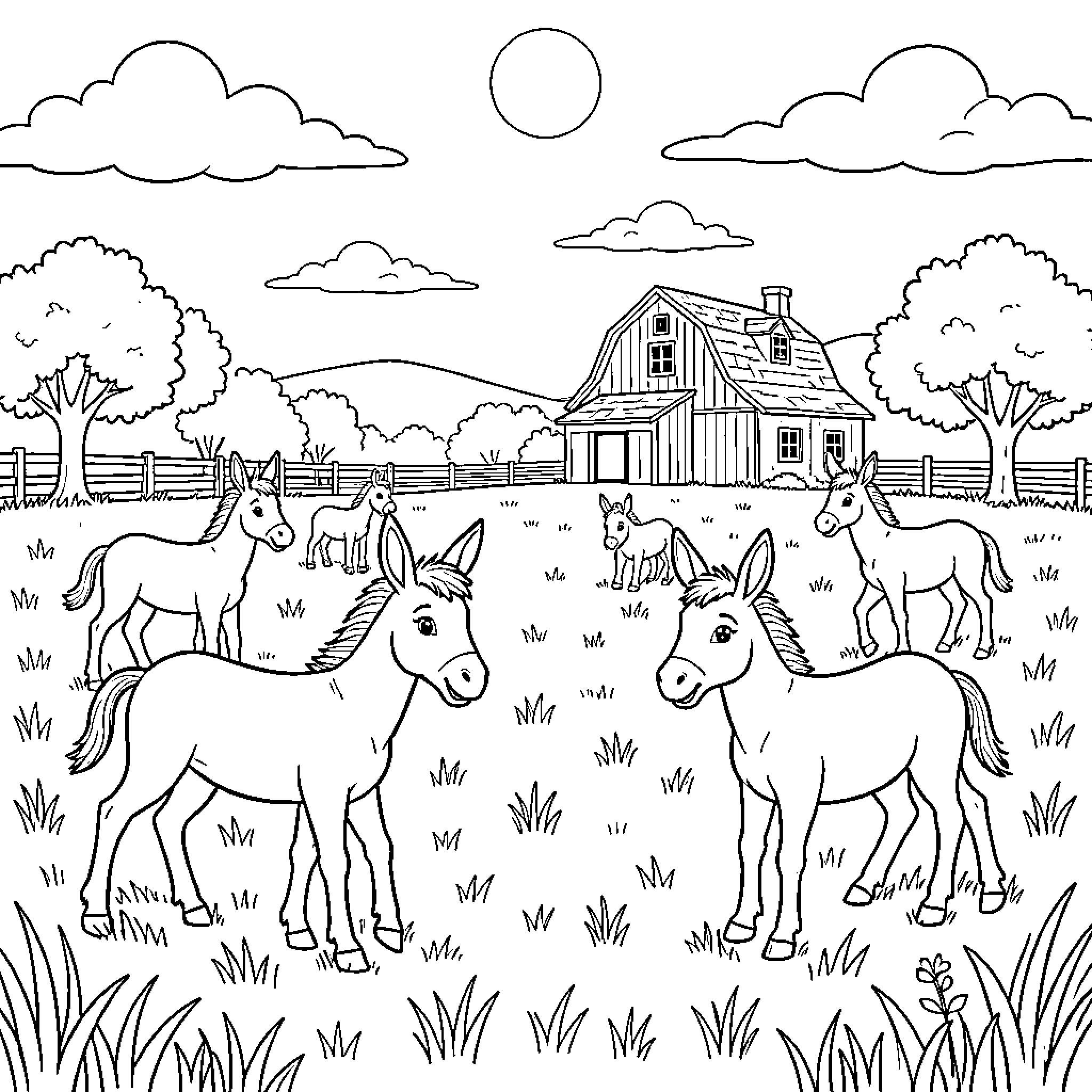 Donkeys grazing peacefully on a farmland Coloring Page (free black-and-white line drawing printable PDF for all, from beginners to advanced learners, including children, teens, adults, and seniors)