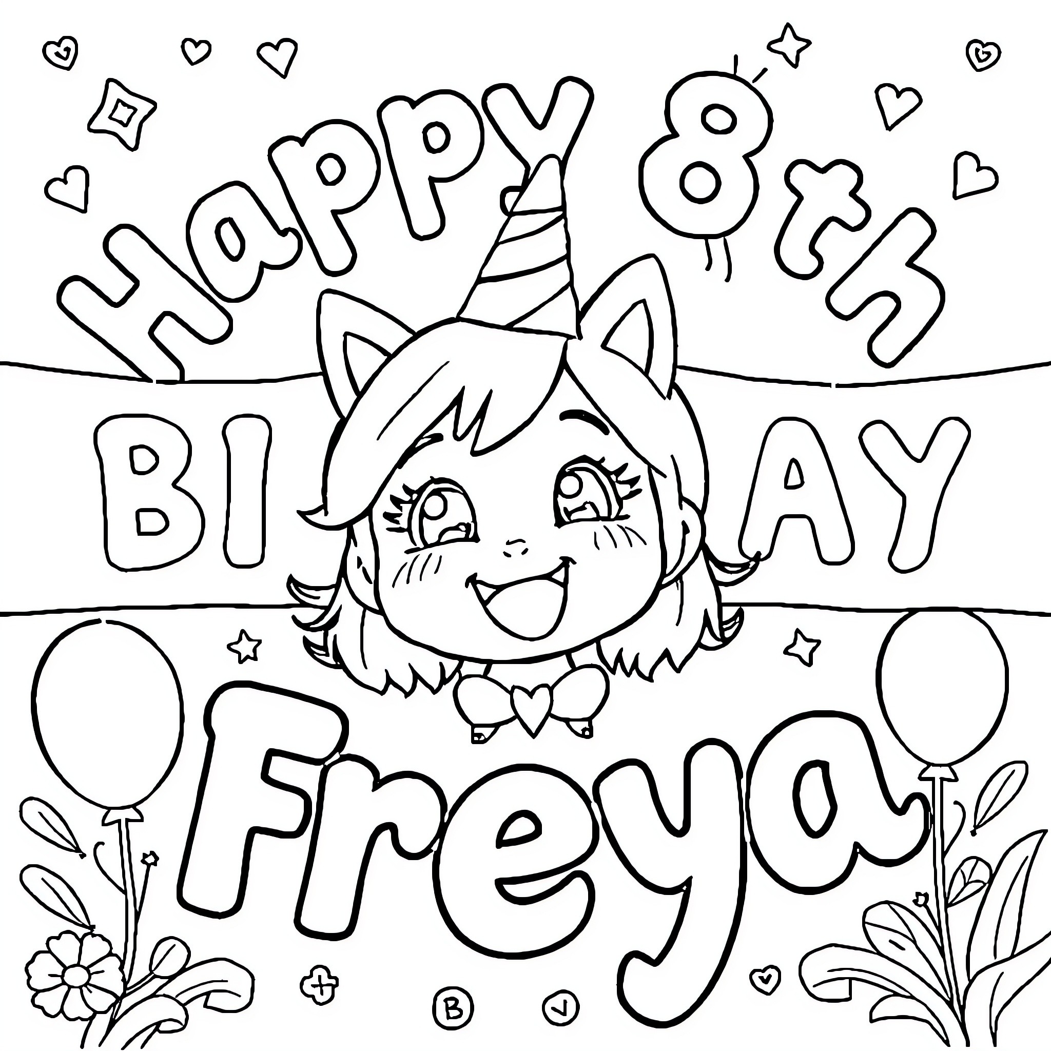 Kuromi's Happy 8th Birthday Celebration Coloring Page (free black-and-white line drawing printable PDF for all, from beginners to advanced learners, including children, teens, adults, and seniors)