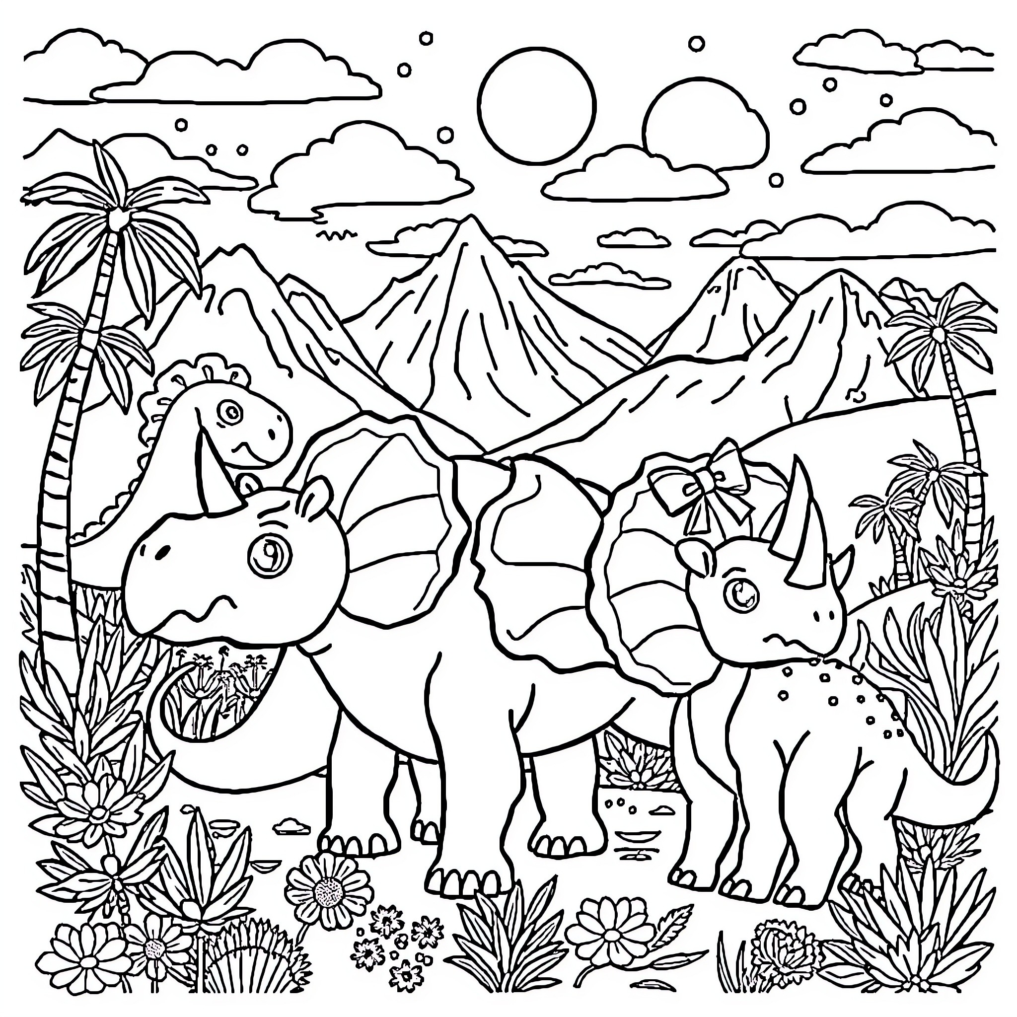 Dinosaurs exploring the lush prehistoric landscape Coloring Page (free black-and-white line drawing printable PDF for all, from beginners to advanced learners, including children, teens, adults, and seniors)