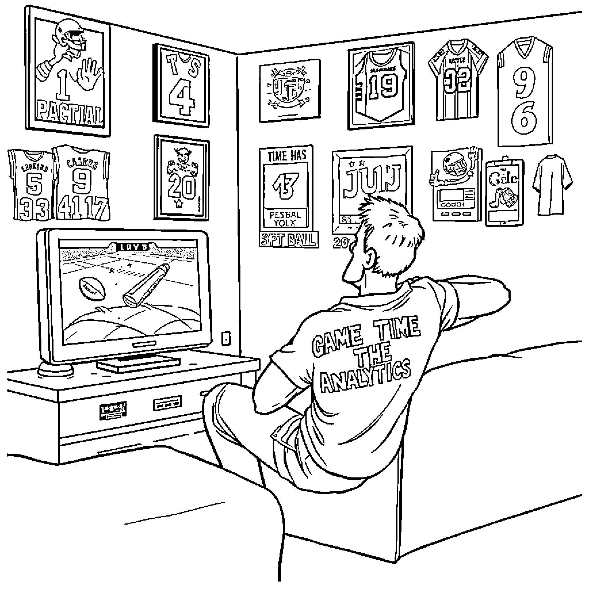 Guy watching sports game on TV with sports memorabilia Coloring Page (free black-and-white line drawing printable PDF for all, from beginners to advanced learners, including children, teens, adults, and seniors)