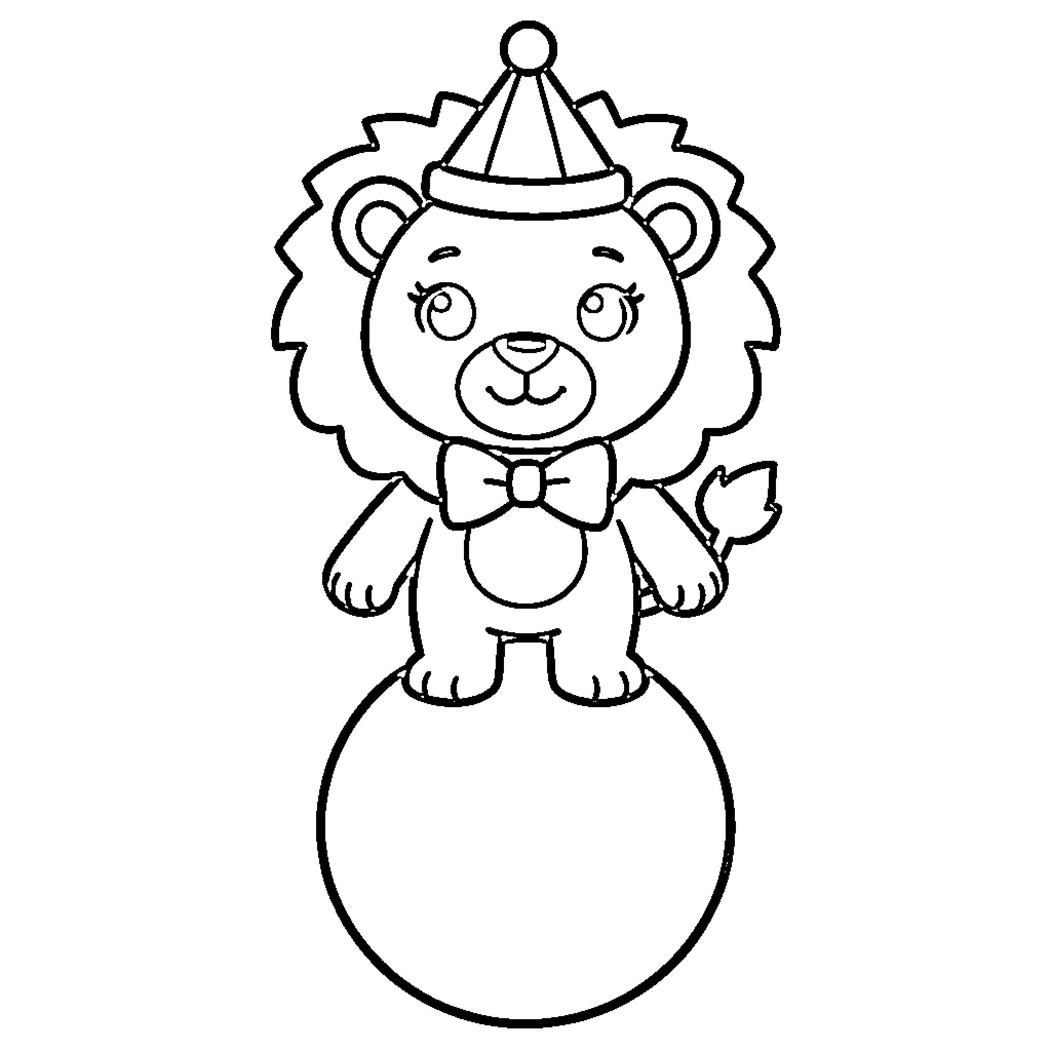 Lion wearing a hat and bow tie balancing on a ball Coloring Page (free black-and-white line drawing printable PDF for all, from beginners to advanced learners, including children, teens, adults, and seniors)