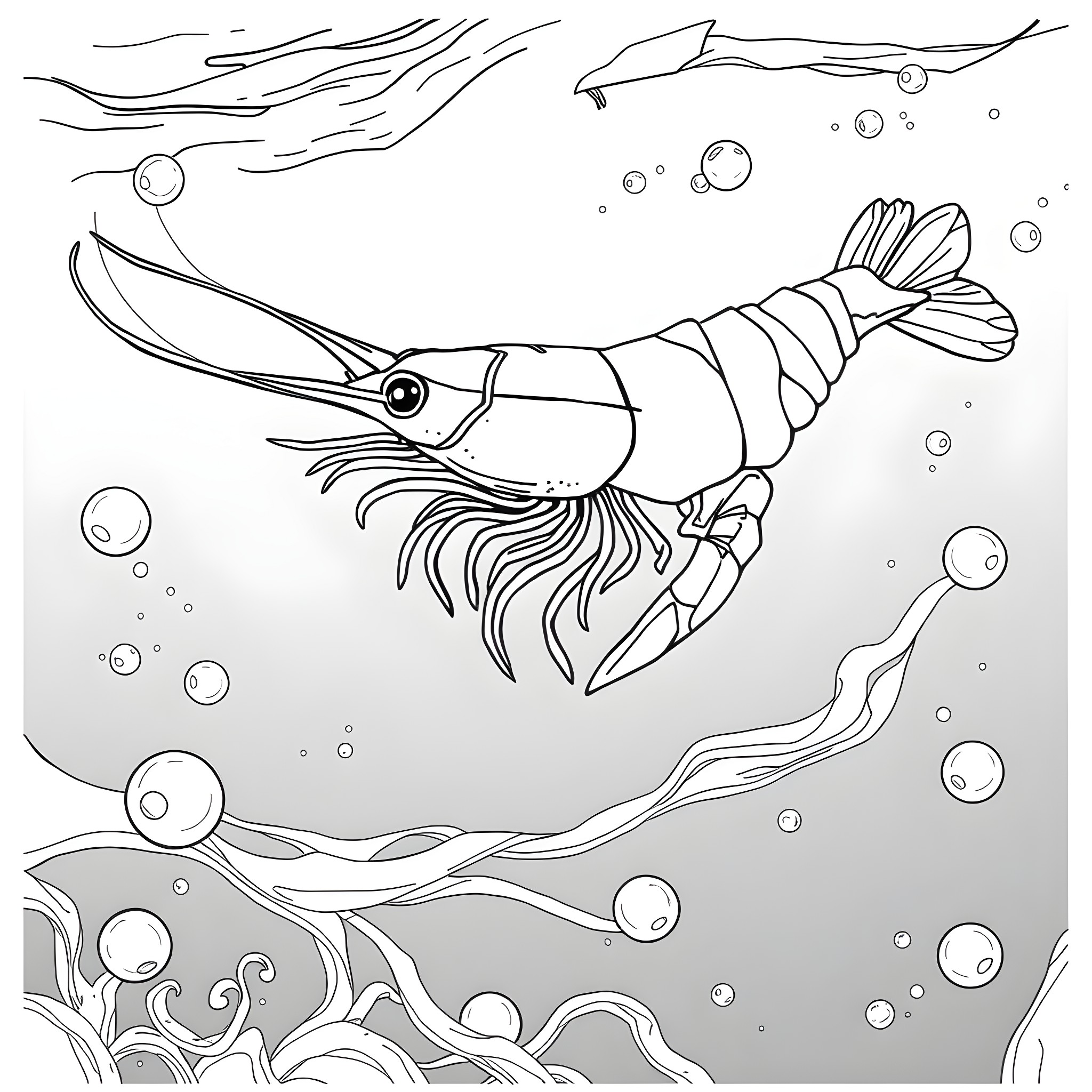 Shrimp swimming gracefully in the ocean Coloring Page (free black-and-white line drawing printable PDF for all, from beginners to advanced learners, including children, teens, adults, and seniors)