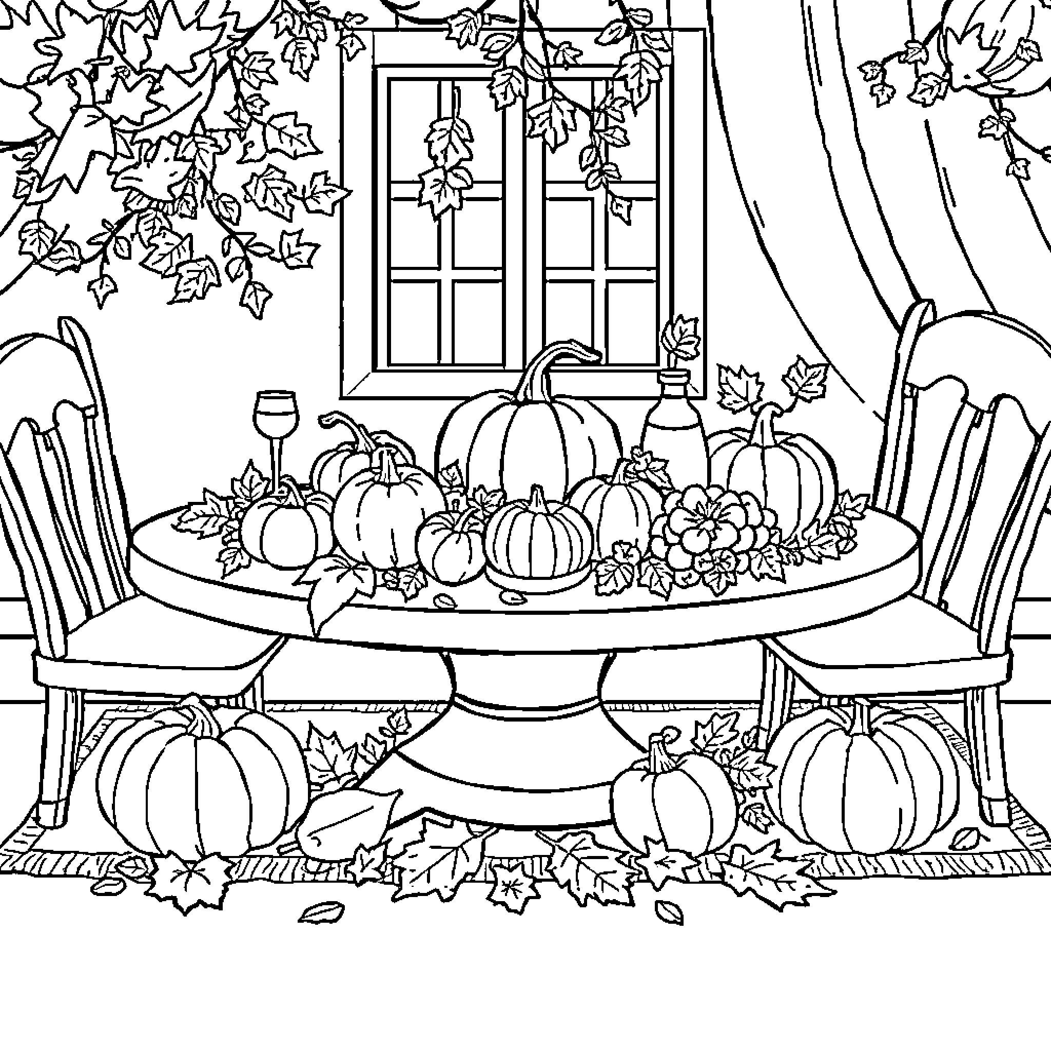 Table set with pumpkins and fall decor Coloring Page (free black-and-white line drawing printable PDF for all, from beginners to advanced learners, including children, teens, adults, and seniors)