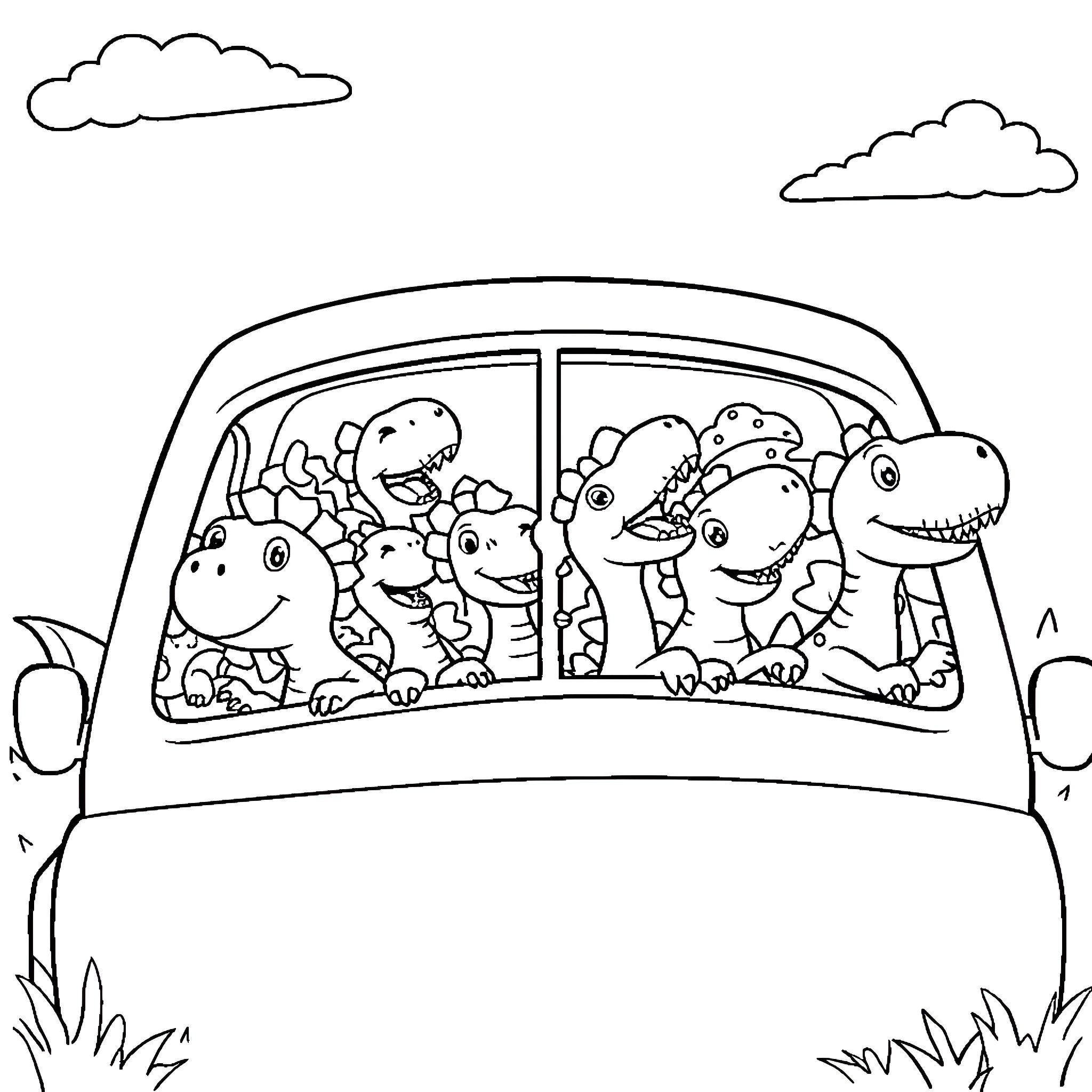 Dinosaur family taking a car ride Coloring Page (free black-and-white line drawing printable PDF for all, from beginners to advanced learners, including children, teens, adults, and seniors)