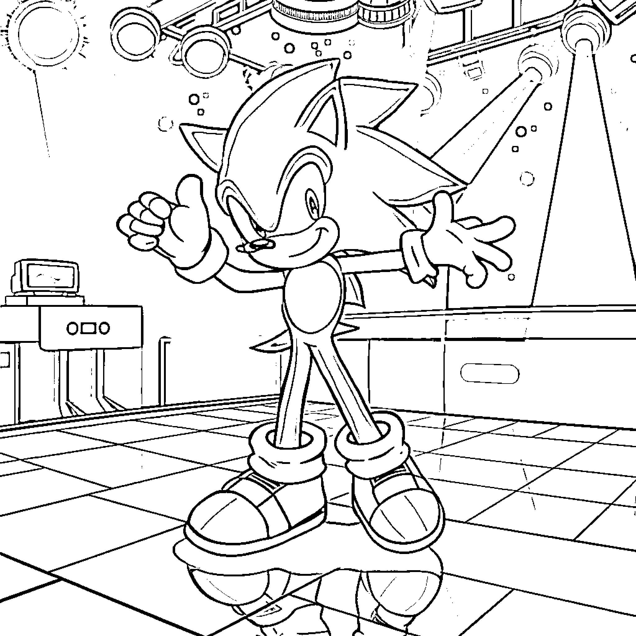 Sonic Posing Energetically in Futuristic Setting Coloring Page (free black-and-white line drawing printable PDF for all, from beginners to advanced learners, including children, teens, adults, and seniors)
