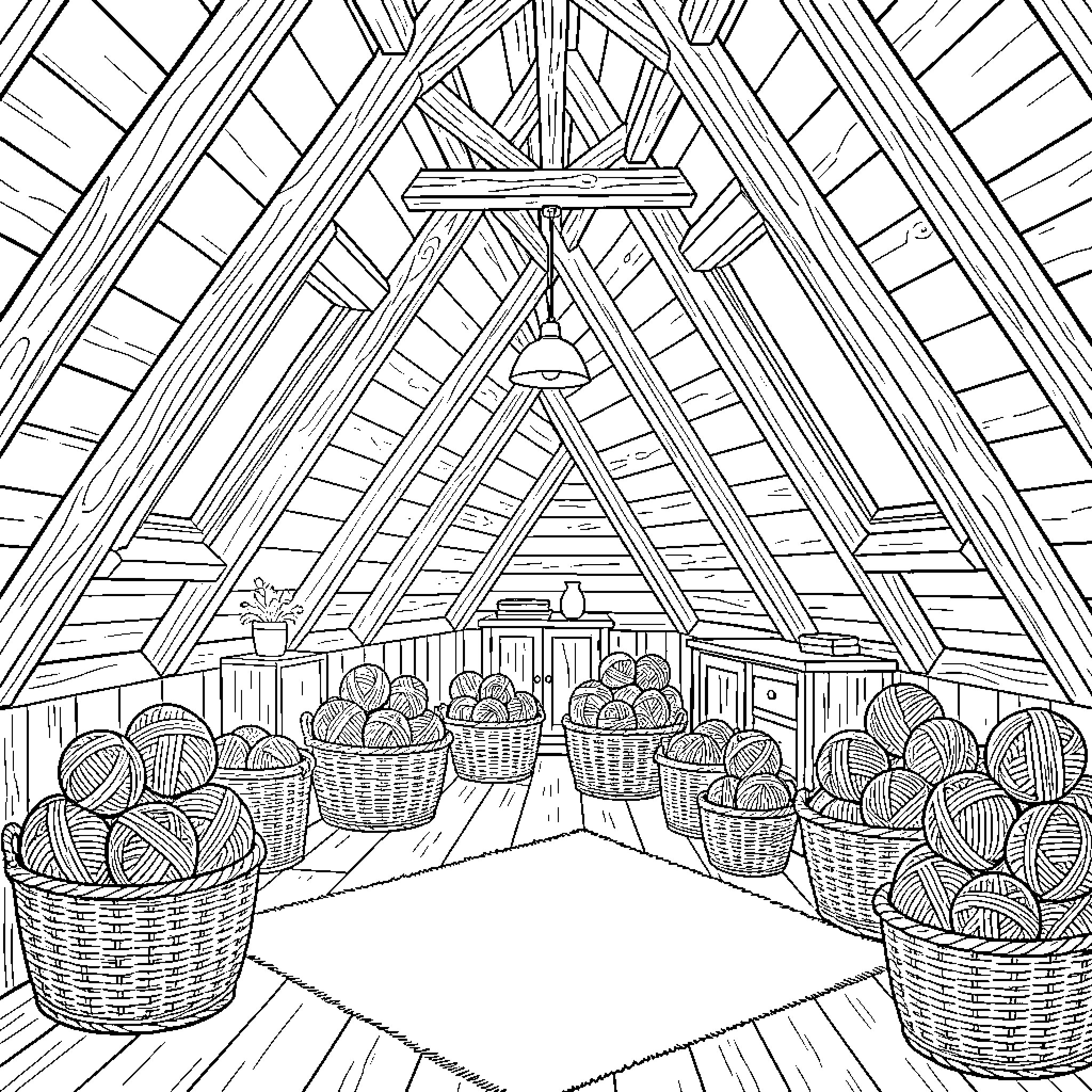Attic filled with many baskets of yarn balls Coloring Page (free black-and-white line drawing printable PDF for all, from beginners to advanced learners, including children, teens, adults, and seniors)