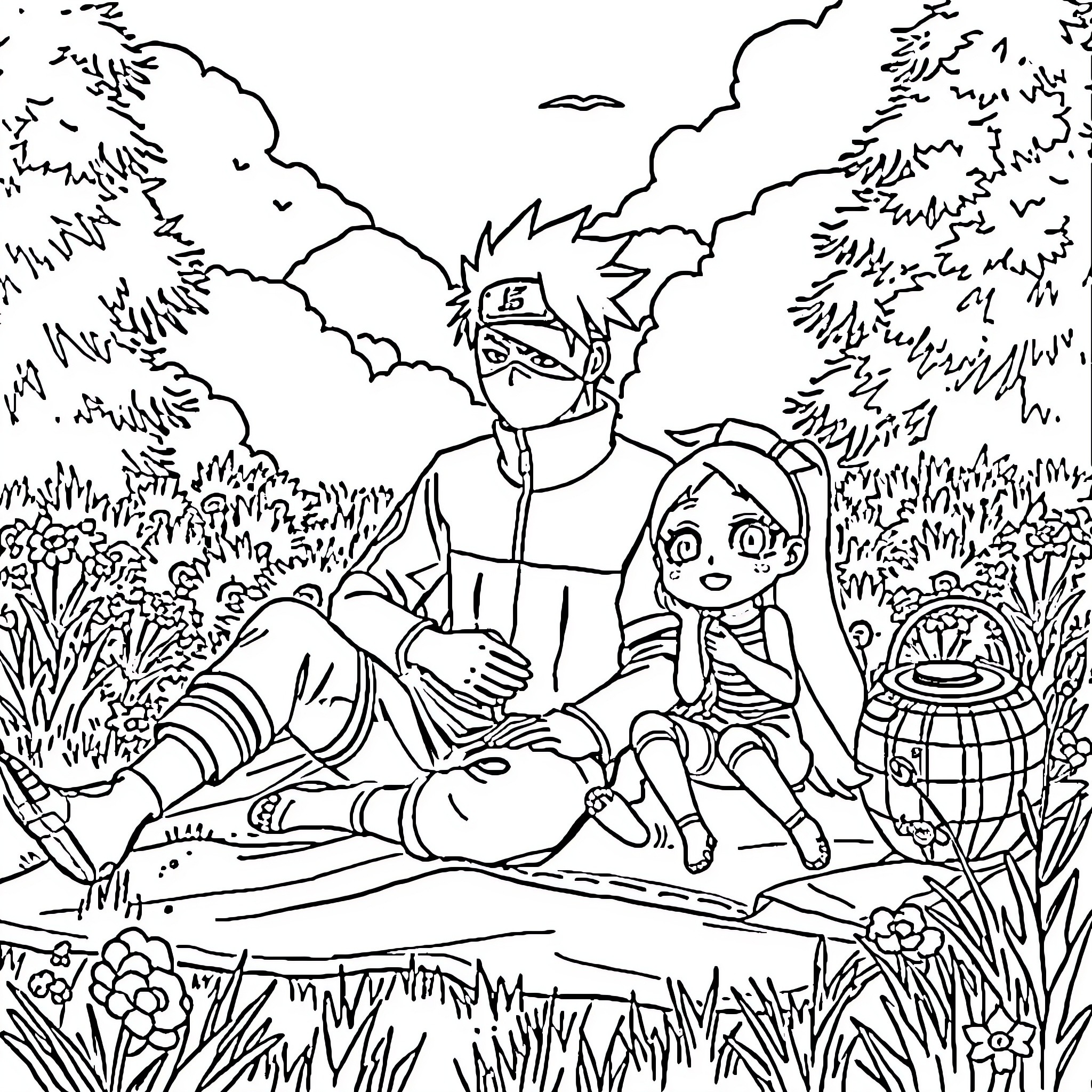 Kakashi and companion resting in nature Coloring Page (free black-and-white line drawing printable PDF for all, from beginners to advanced learners, including children, teens, adults, and seniors)