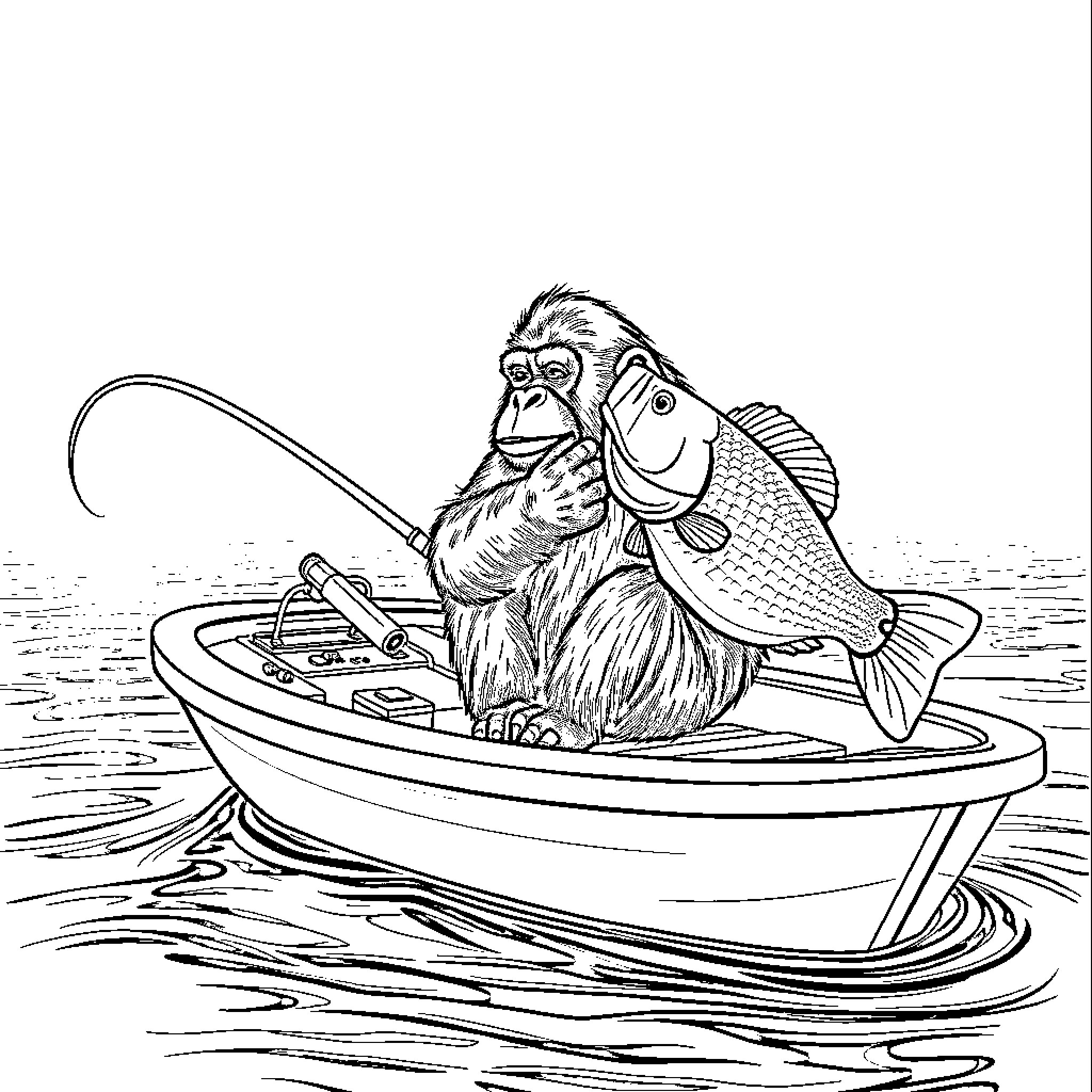 Ape fishing merrily in a small boat Coloring Page (free black-and-white line drawing printable PDF for all, from beginners to advanced learners, including children, teens, adults, and seniors)
