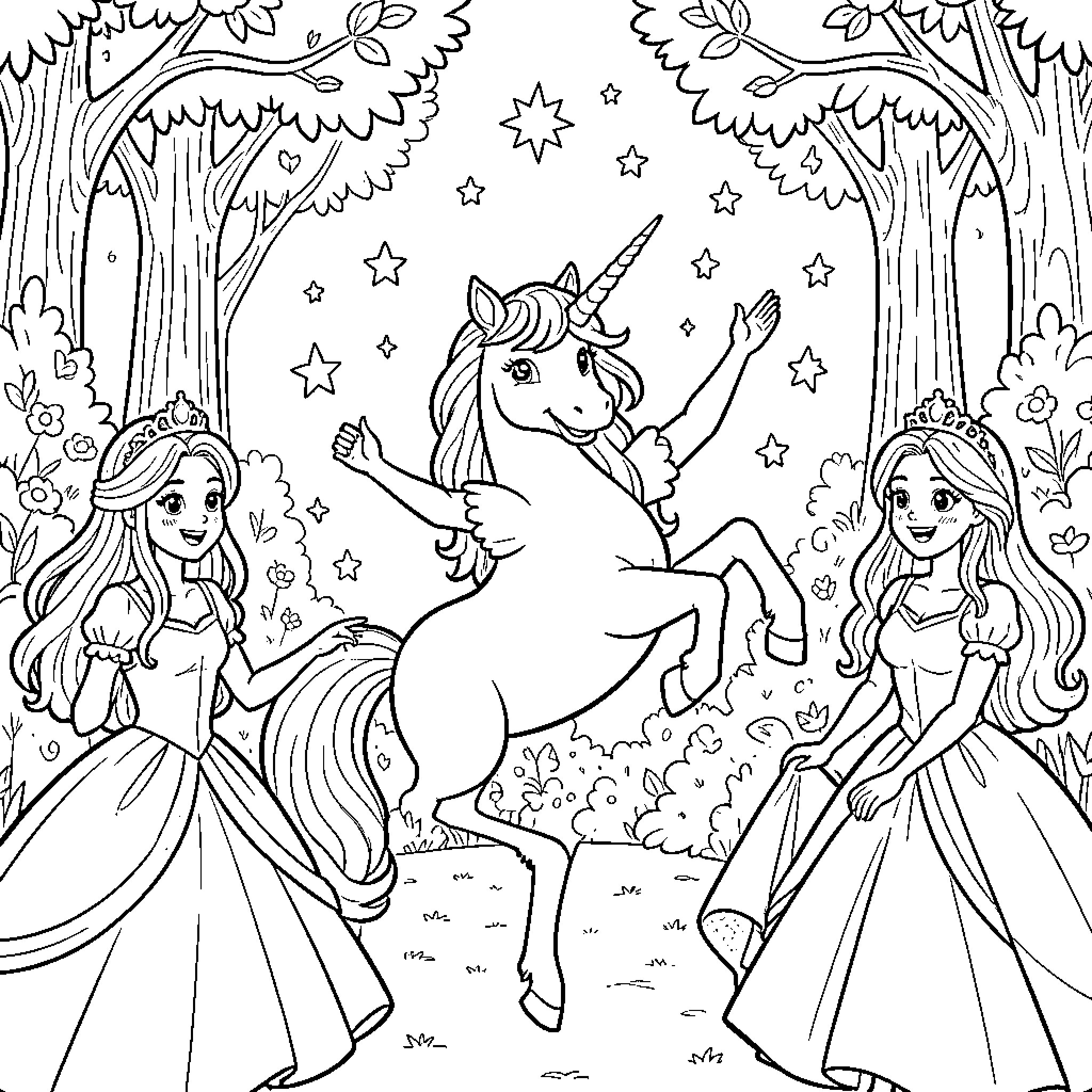 Unicorn playing in the enchanted forest with princesses Coloring Page (free black-and-white line drawing printable PDF for all, from beginners to advanced learners, including children, teens, adults, and seniors)