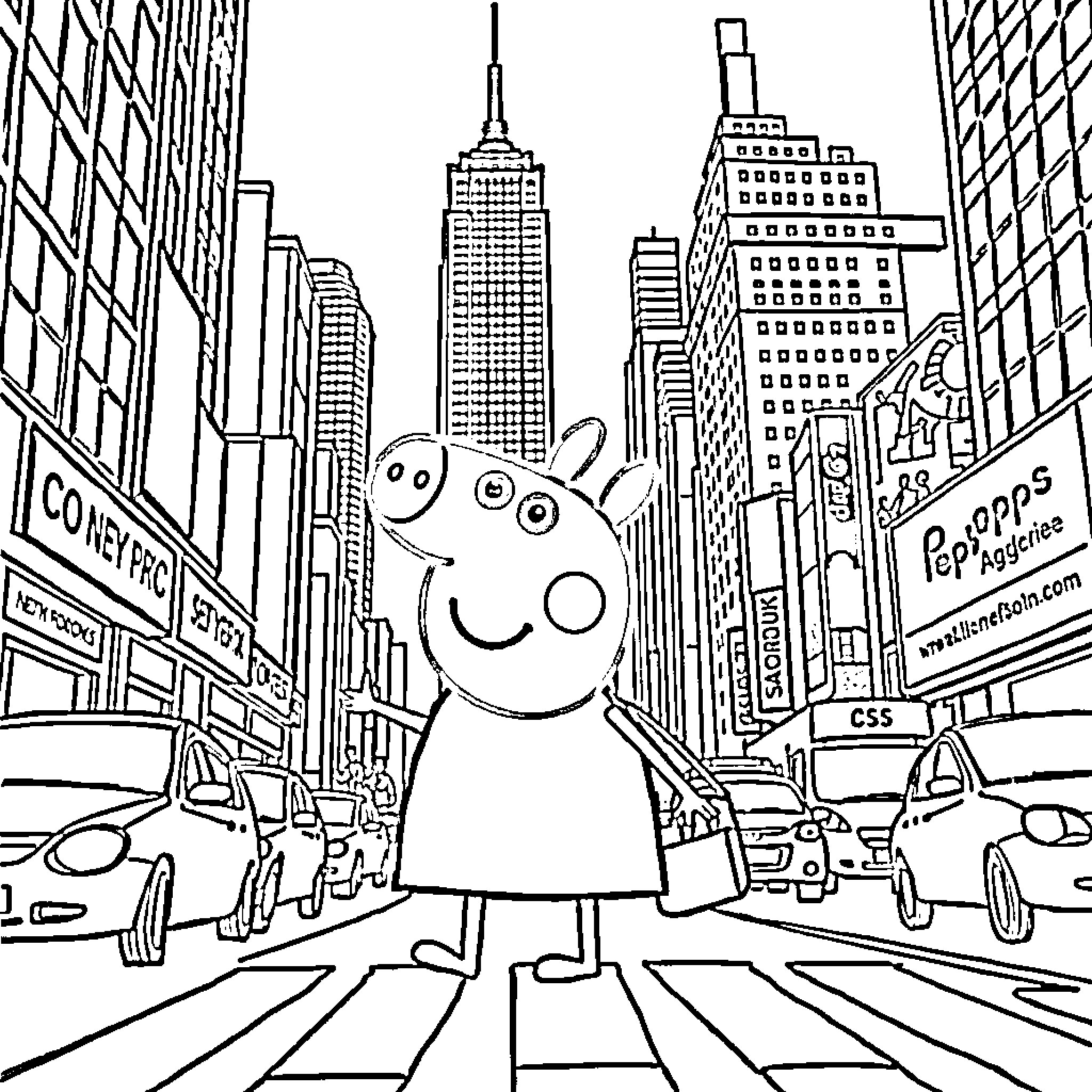 Peppa Pig explores the bustling city skyline Coloring Page (free black-and-white line drawing printable PDF for all, from beginners to advanced learners, including children, teens, adults, and seniors)