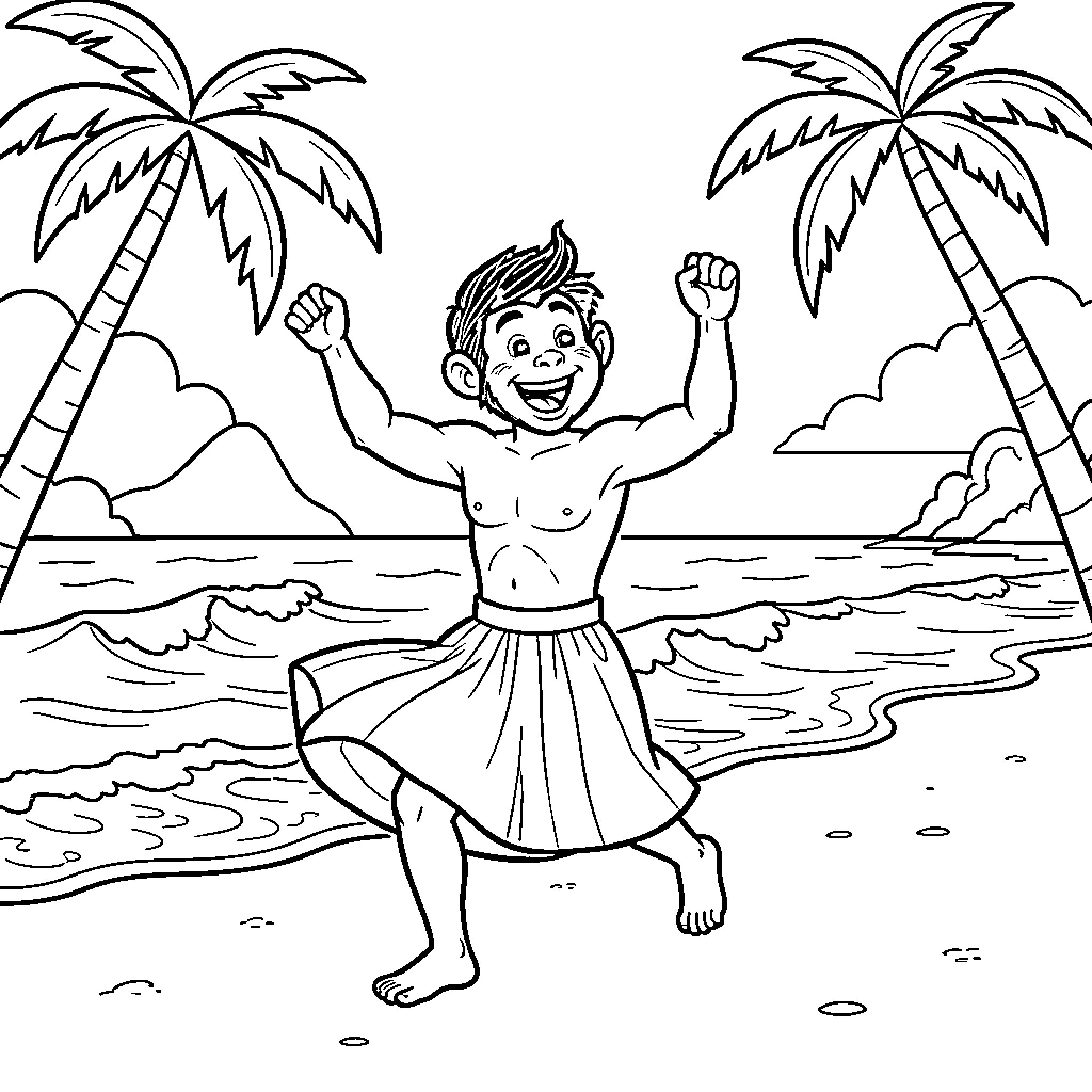 Mono man enjoys beach scene with palm trees Coloring Page (free black-and-white line drawing printable PDF for all, from beginners to advanced learners, including children, teens, adults, and seniors)