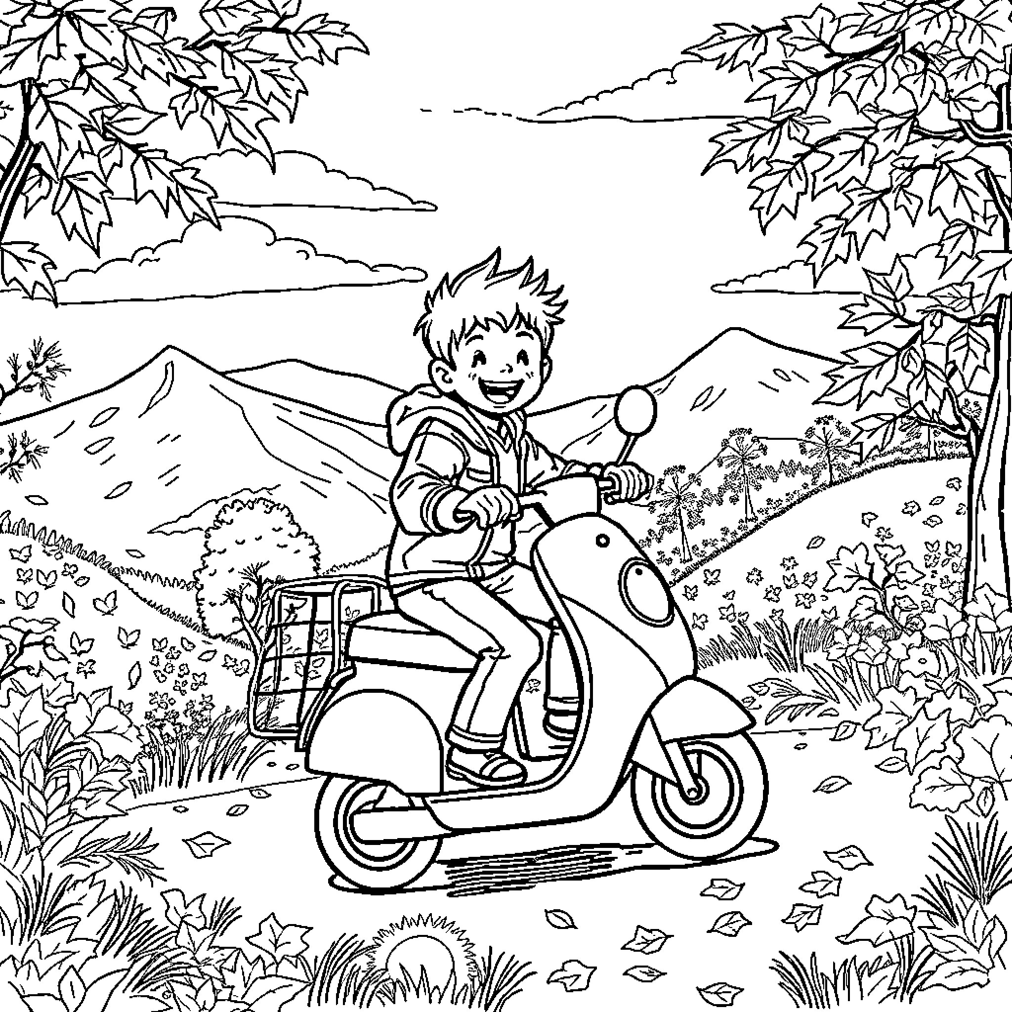 Boy riding scooter through autumn landscape Coloring Page (free black-and-white line drawing printable PDF for all, from beginners to advanced learners, including children, teens, adults, and seniors)