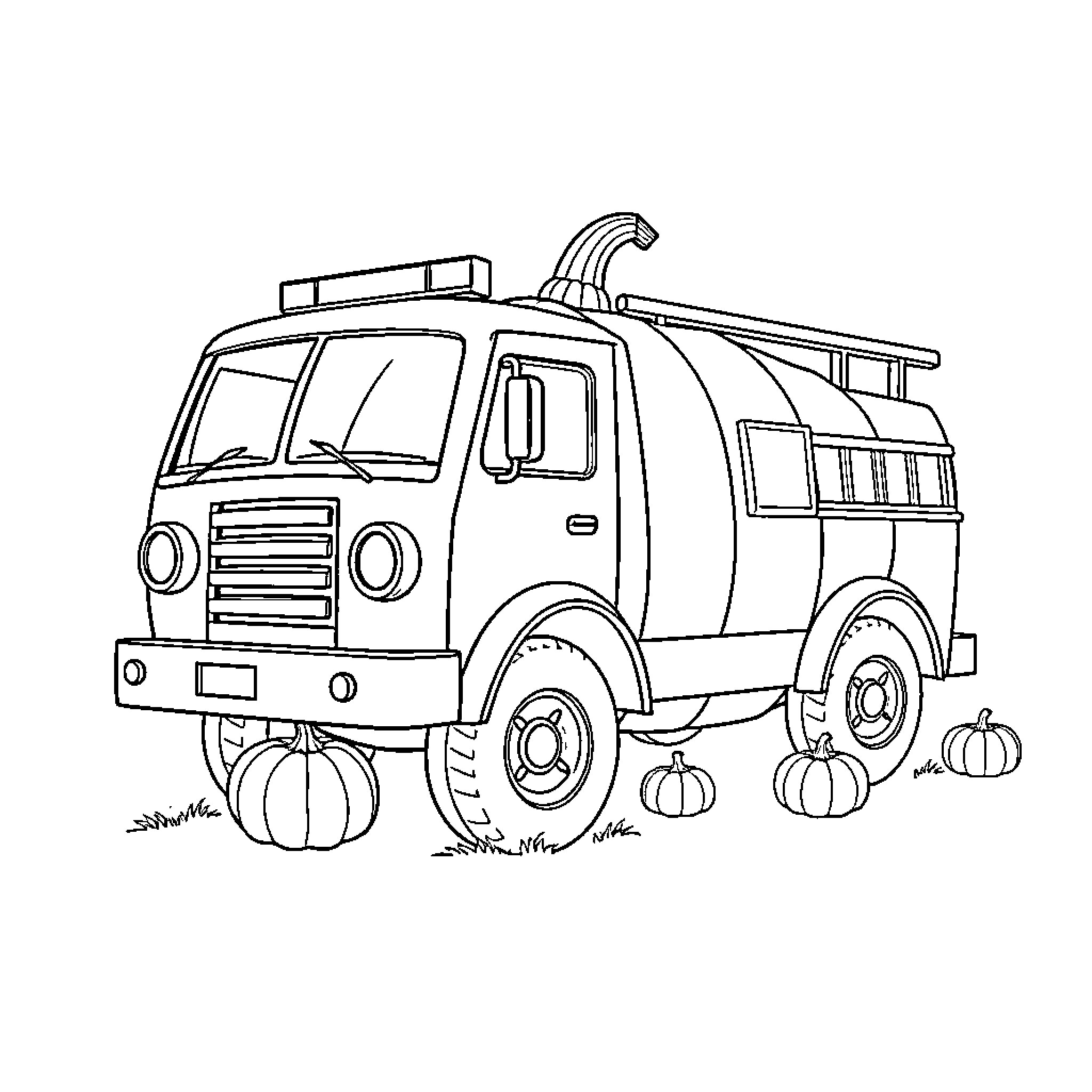 Fire Engine with Pumpkins in Autumn Field Coloring Page (free black-and-white line drawing printable PDF for all, from beginners to advanced learners, including children, teens, adults, and seniors)