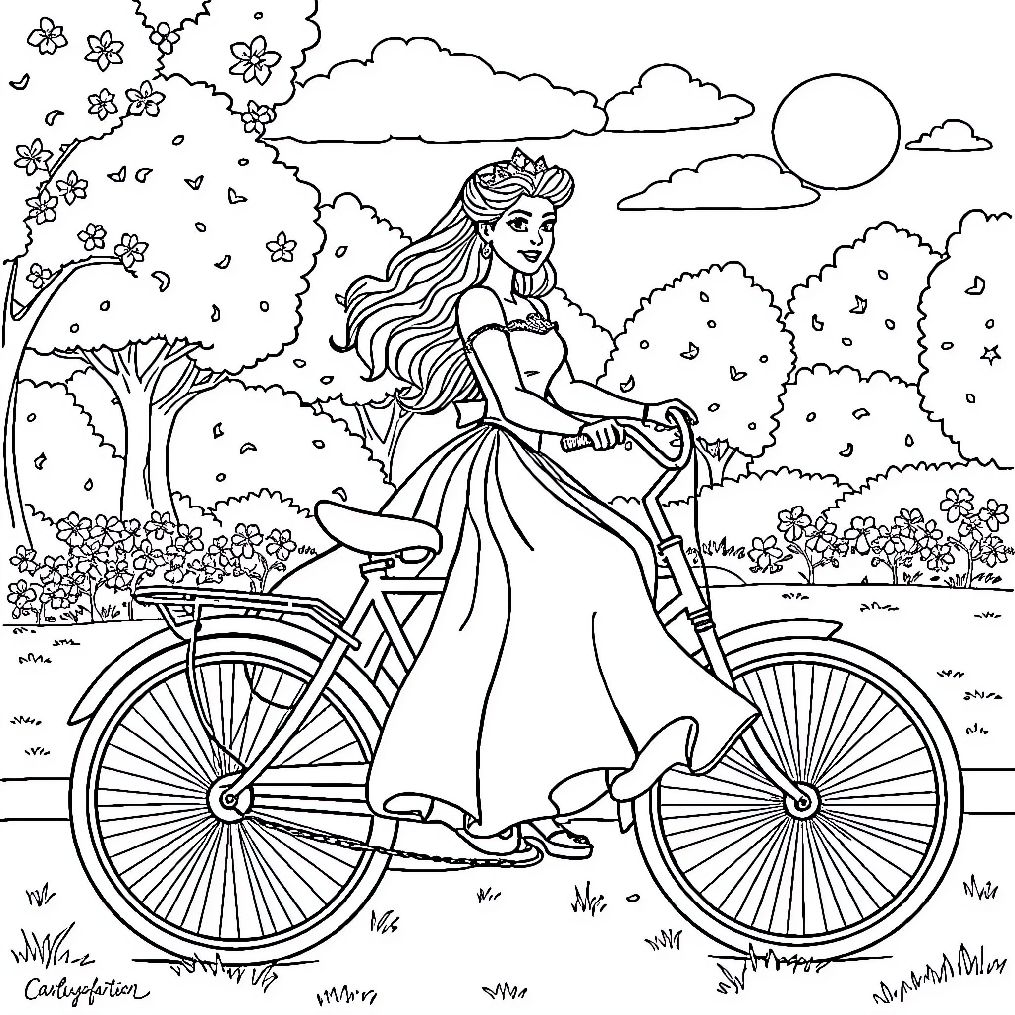 Princess Riding a Bicycle through the Countryside Coloring Page (free black-and-white line drawing printable PDF for all, from beginners to advanced learners, including children, teens, adults, and seniors)