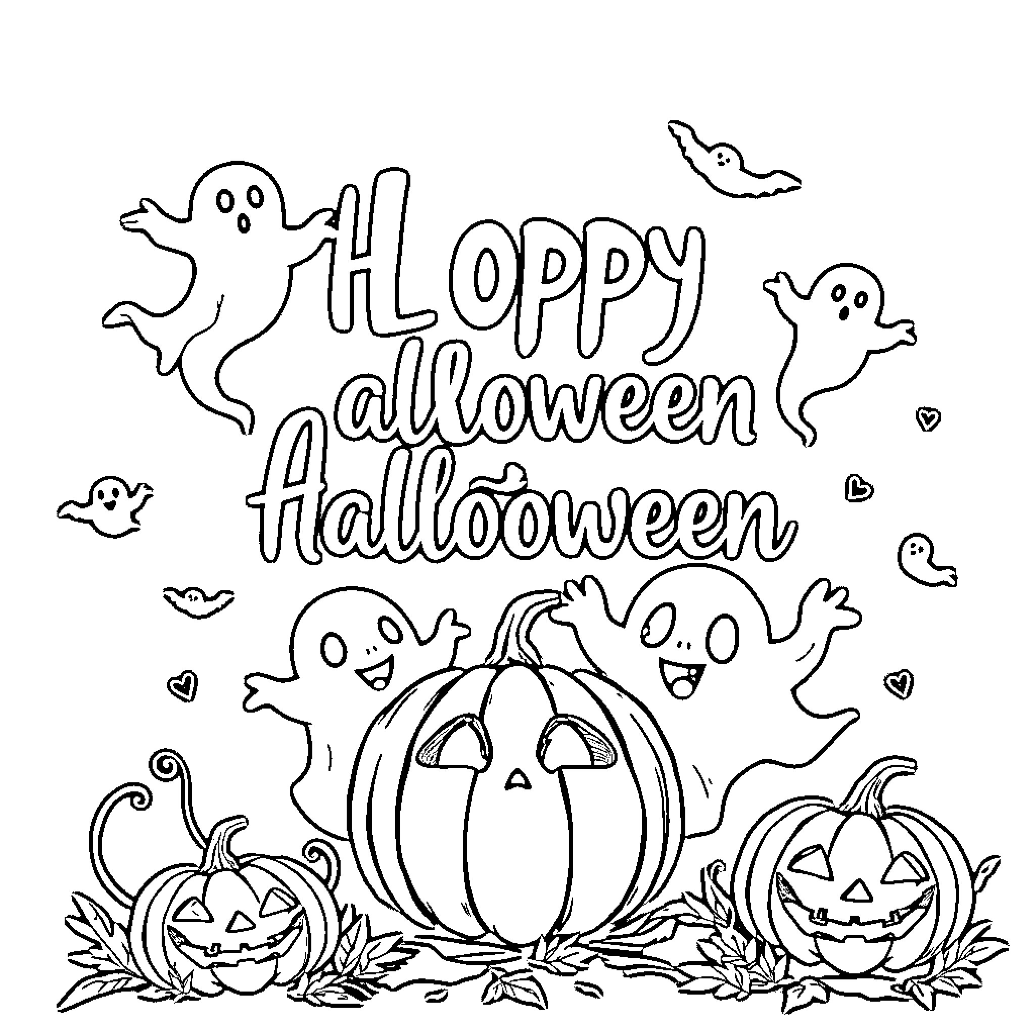 Halloween fun with ghosts and pumpkins Coloring Page (free black-and-white line drawing printable PDF for all, from beginners to advanced learners, including children, teens, adults, and seniors)