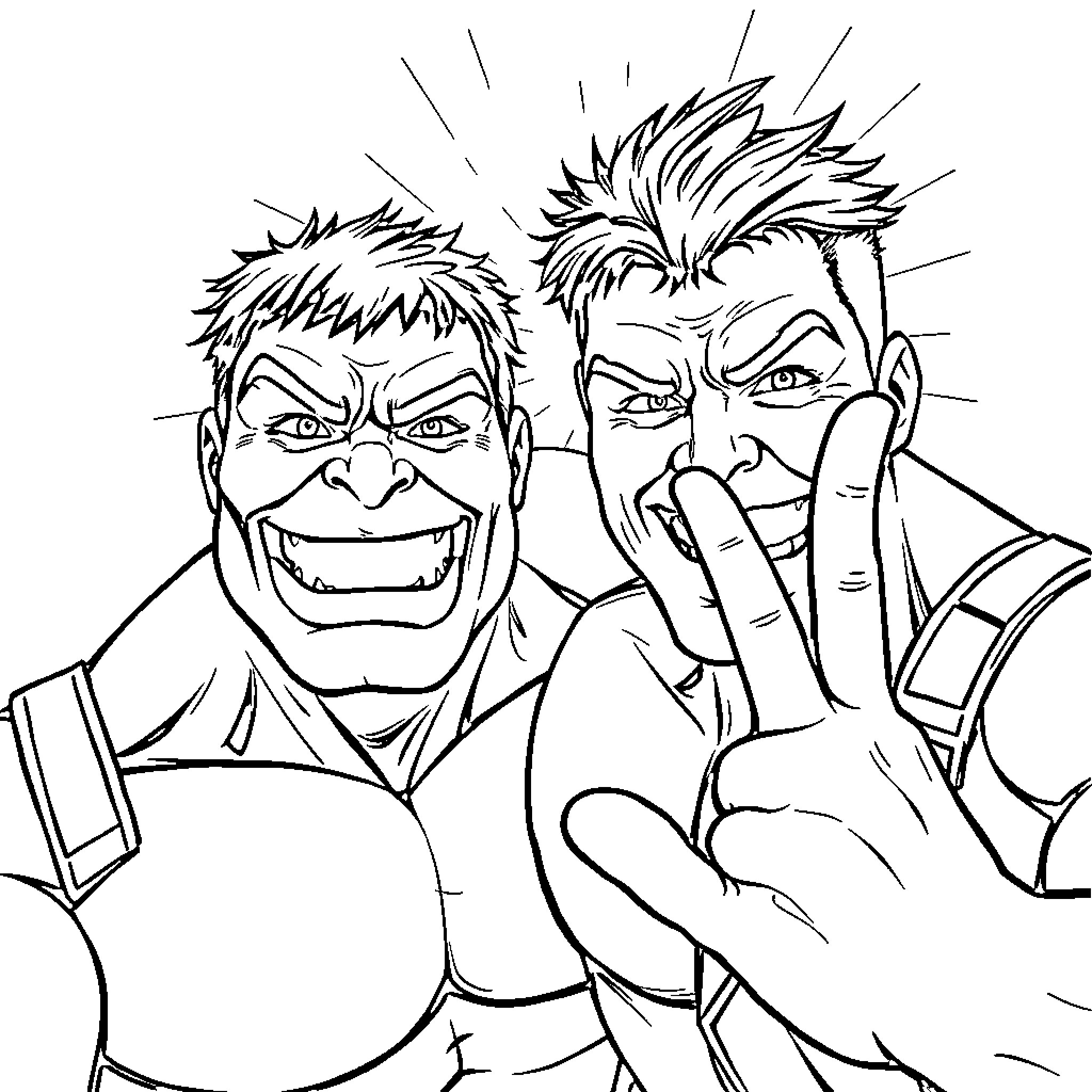 Hulk Smash - Angry Superheroes in Action Coloring Page (free black-and-white line drawing printable PDF for all, from beginners to advanced learners, including children, teens, adults, and seniors)